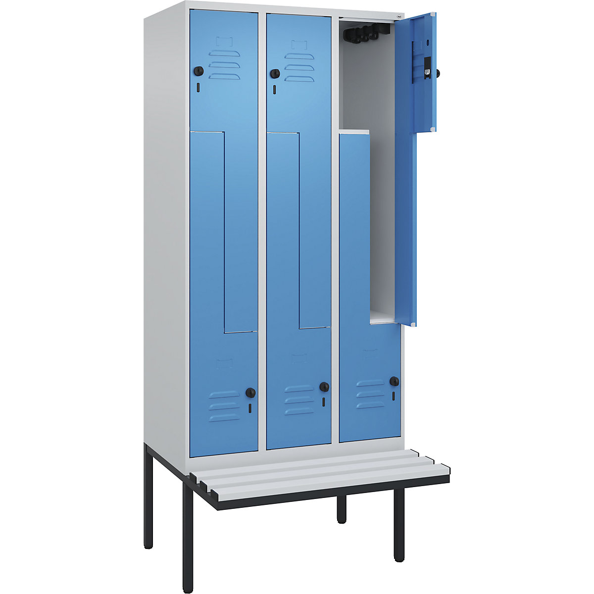 Armadietto a Z Classic PLUS con panca – C+P, 3 scomparti, grigio chiaro / blu chiaro, largh. 900 mm, serratura girevole di sicurezza, panca sporgente, plastica-0