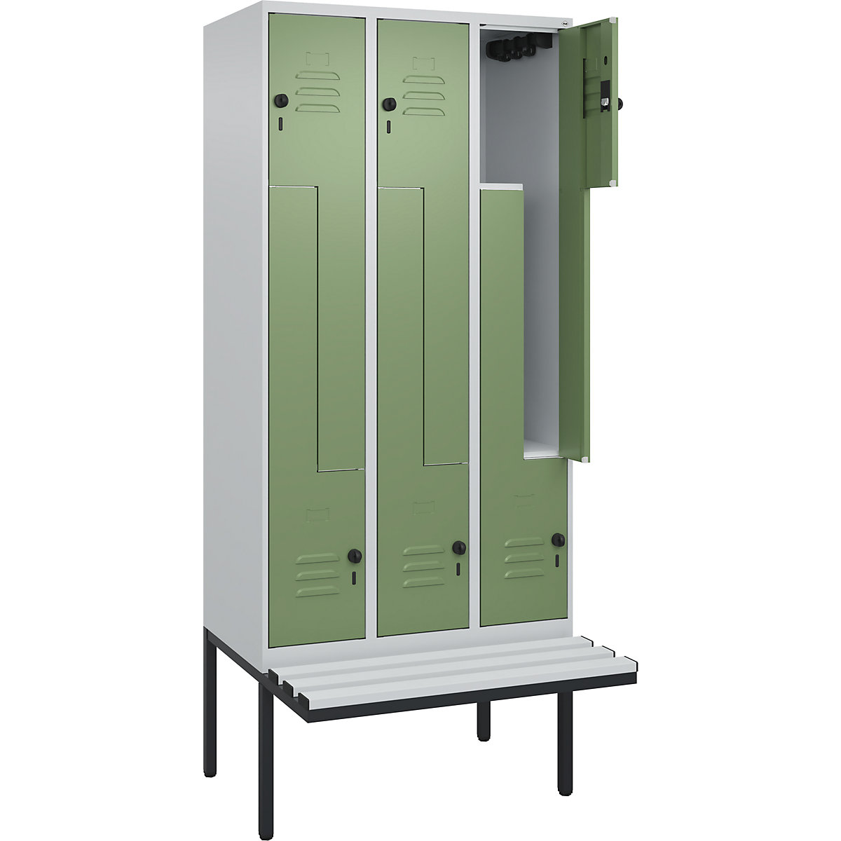 Armadietto a Z Classic PLUS con panca – C+P, 3 scomparti, grigio chiaro / verde reseda, largh. 900 mm, serratura girevole di sicurezza, panca sporgente, plastica-0