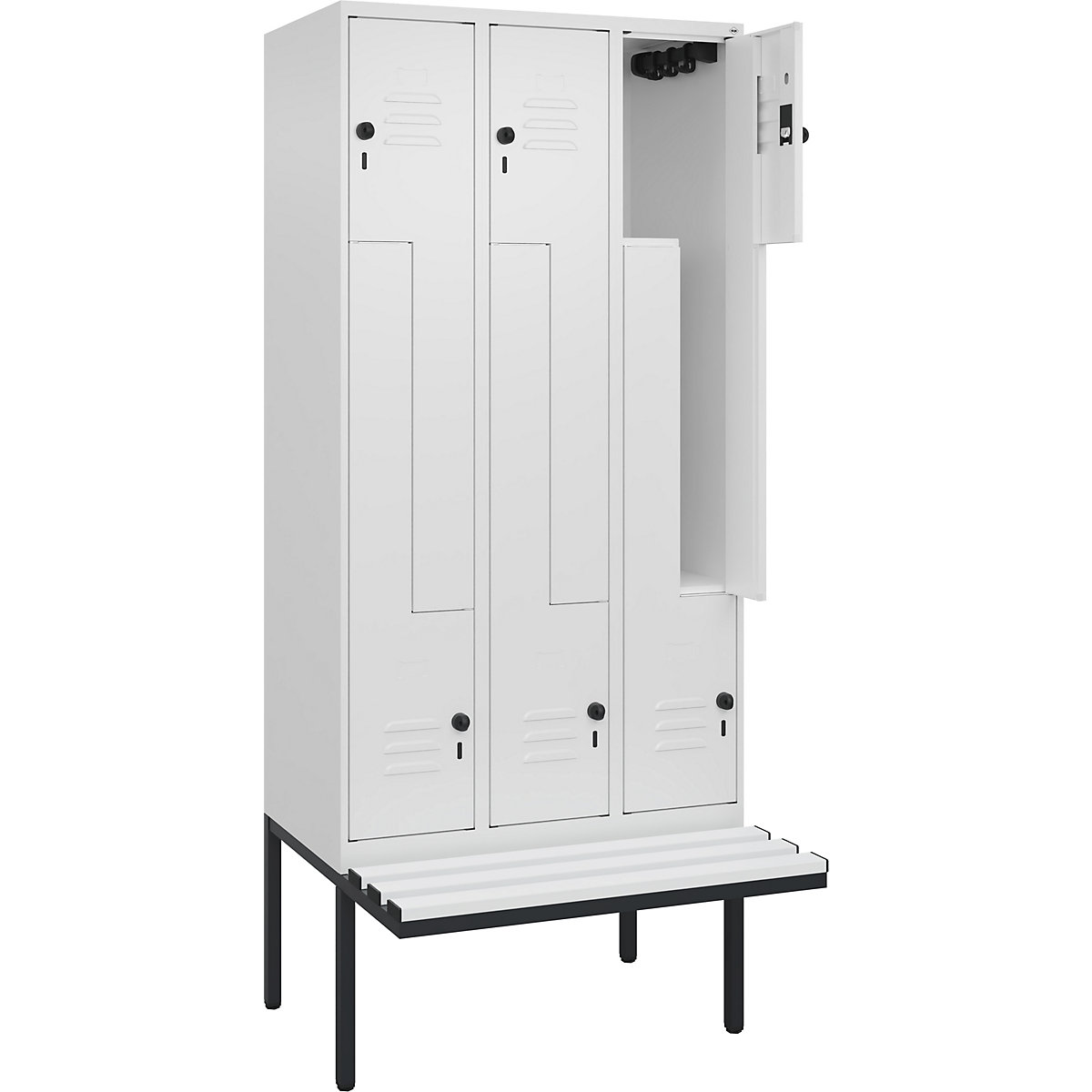 Armadietto a Z Classic PLUS con panca – C+P, 3 scomparti, bianco traffico, largh. 900 mm, serratura girevole di sicurezza, panca sporgente, plastica-0