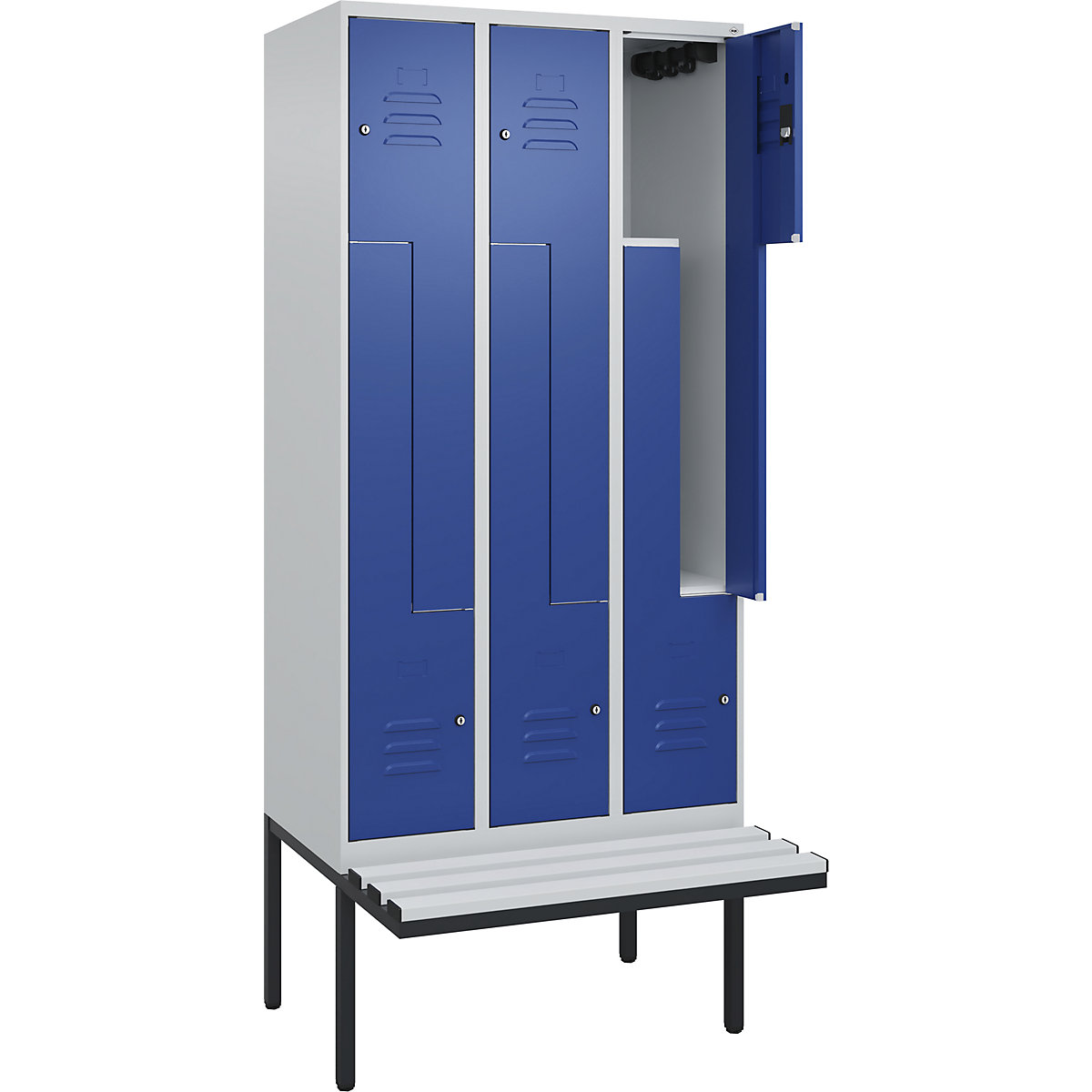 Armadietto a Z Classic PLUS con panca – C+P, 3 scomparti, grigio chiaro / blu genziana, largh. 900 mm, serratura a cilindro, panca sporgente, plastica-0