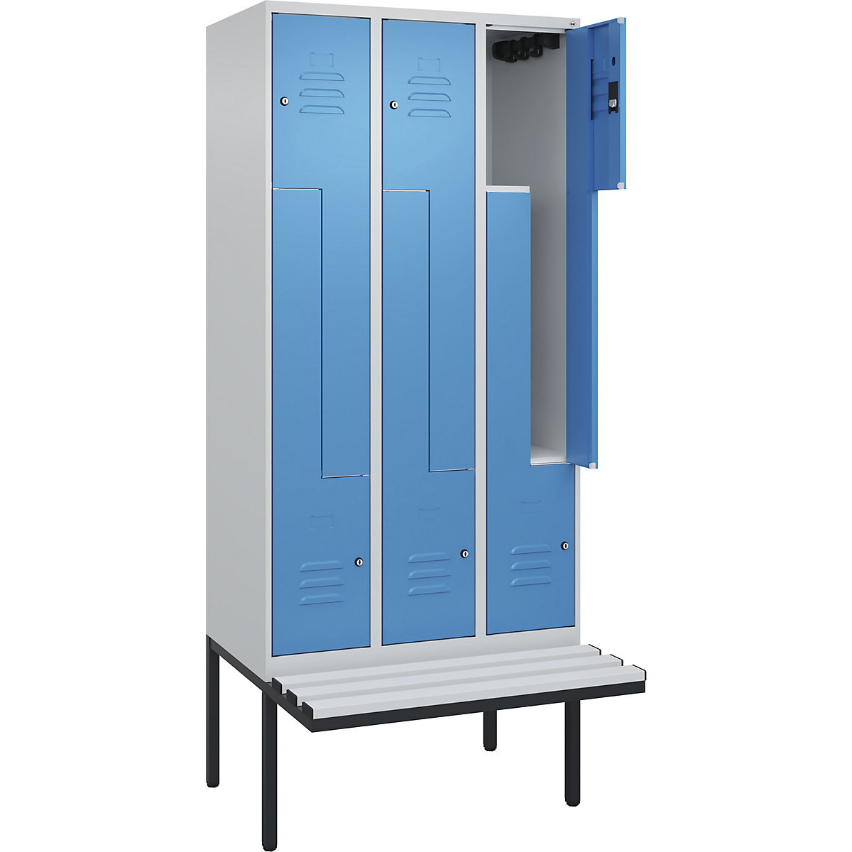 Armadietto a Z Classic PLUS con panca – C+P, 3 scomparti, grigio chiaro / blu chiaro, largh. 900 mm, serratura a cilindro, panca sporgente, plastica-0