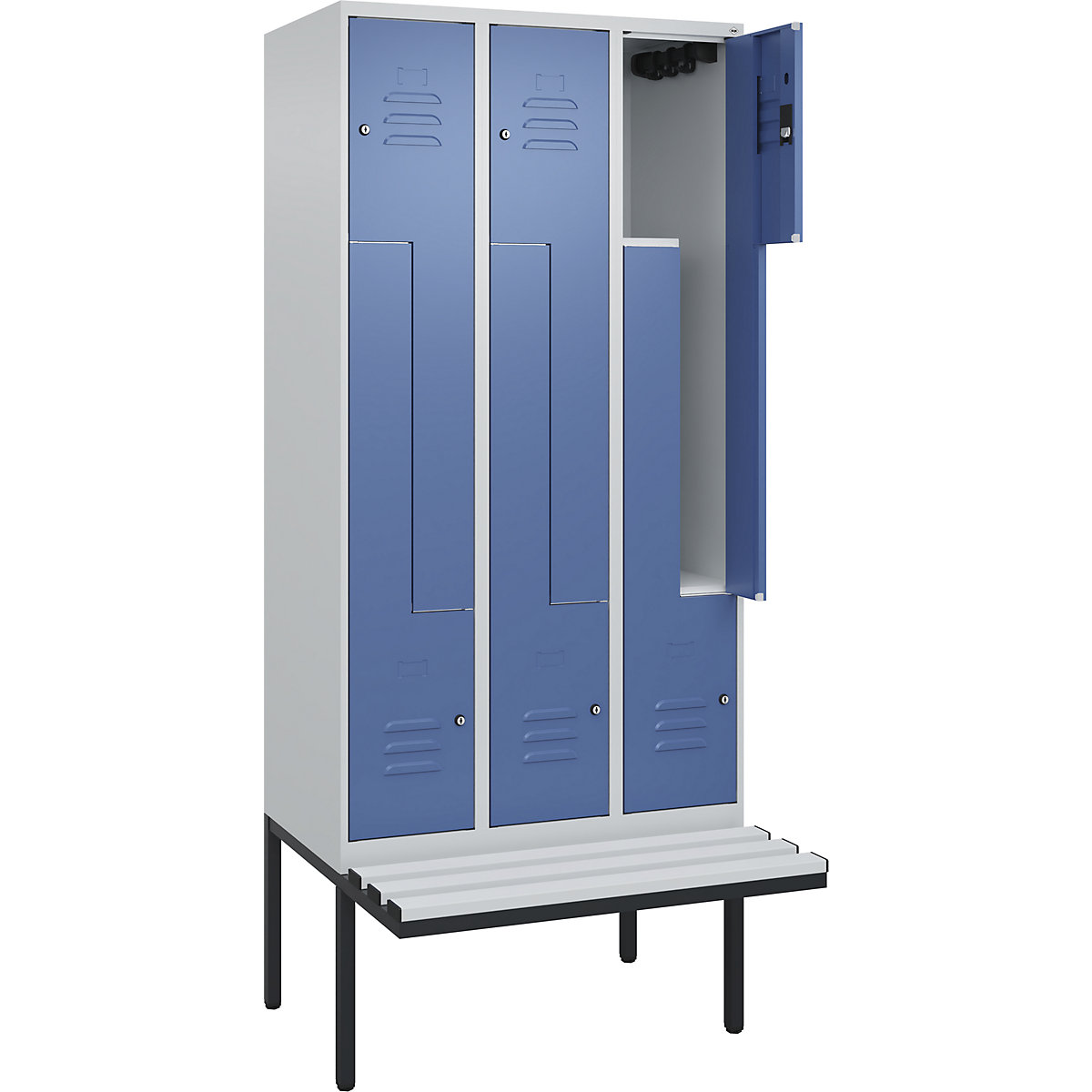 Armadietto a Z Classic PLUS con panca – C+P, 3 scomparti, grigio chiaro / indaco, largh. 900 mm, serratura a cilindro, panca sporgente, plastica-0