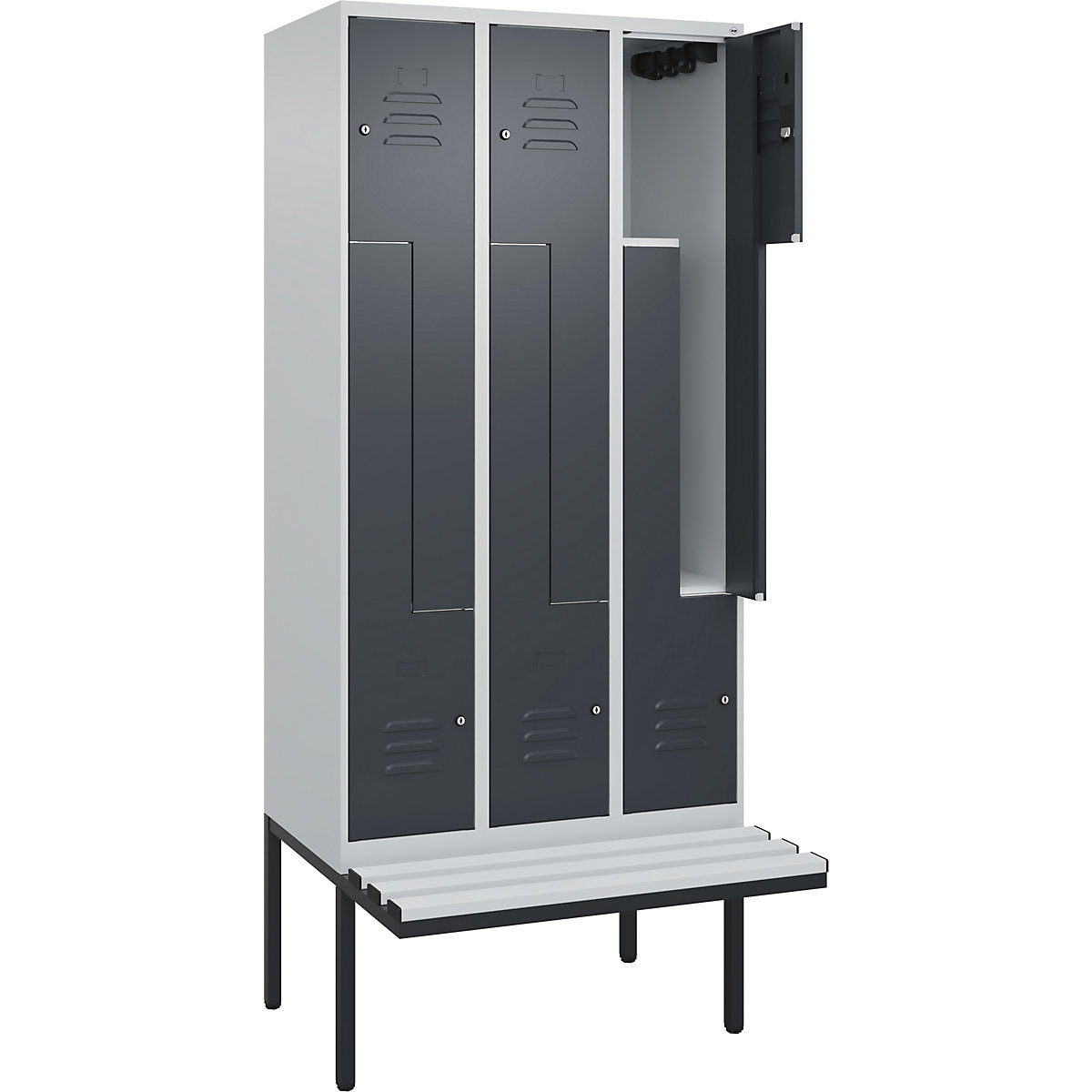 Armadietto a Z Classic PLUS con panca – C+P, 3 scomparti, grigio chiaro / grigio, largh. 900 mm, serratura a cilindro, panca sporgente, plastica-0