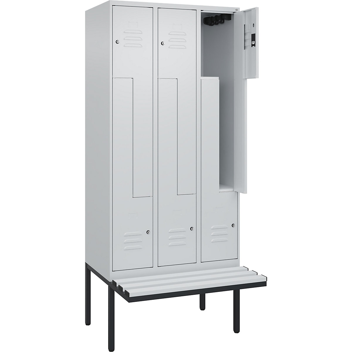 Armadietto a Z Classic PLUS con panca – C+P, 3 scomparti, grigio chiaro, largh. 900 mm, serratura a cilindro, panca sporgente, plastica-0