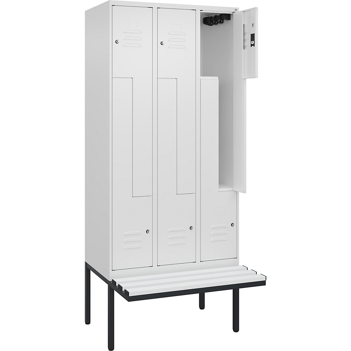 Armadietto a Z Classic PLUS con panca – C+P, 3 scomparti, bianco traffico, largh. 900 mm, serratura a cilindro, panca sporgente, plastica-0