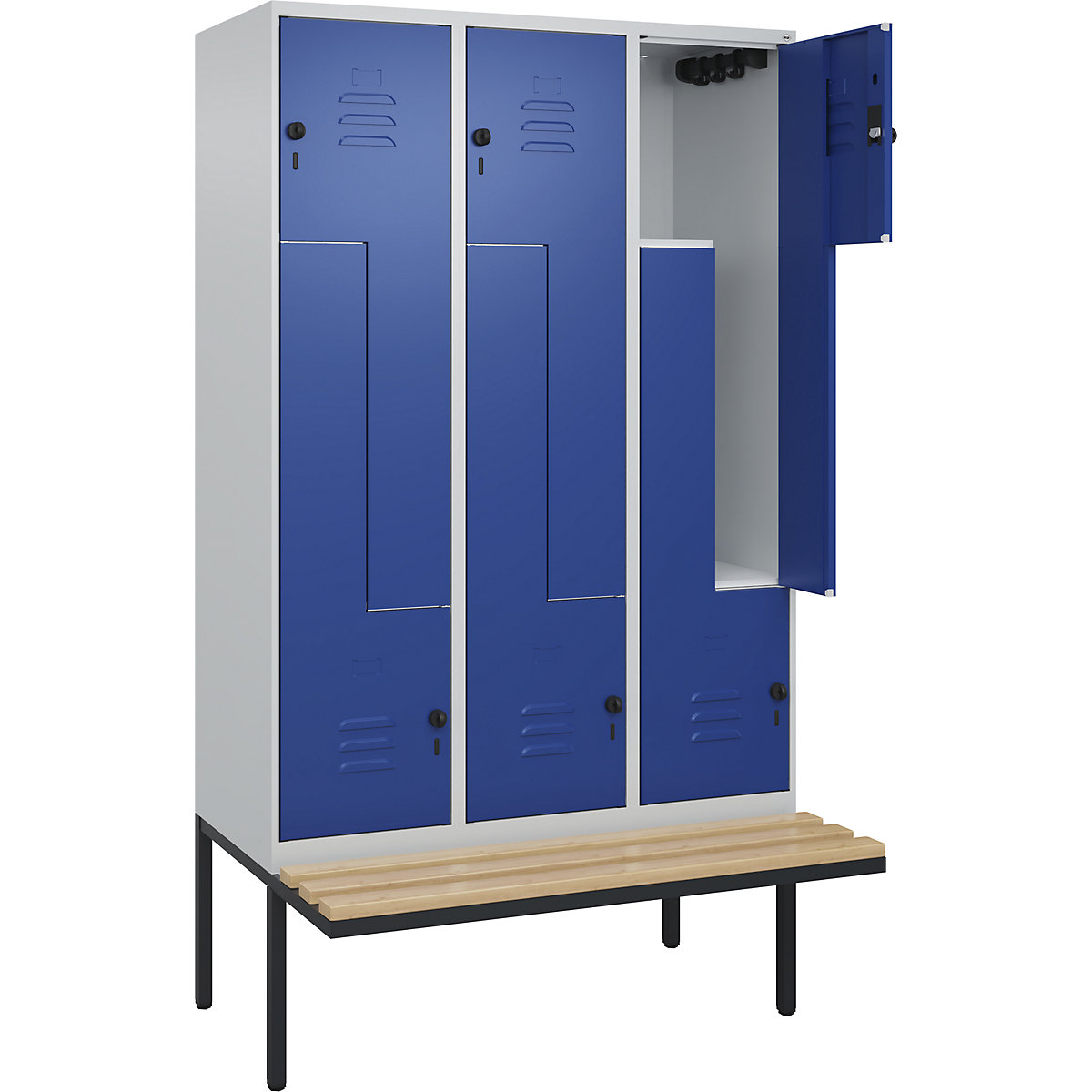 Armadietto a Z Classic PLUS con panca – C+P, 3 scomparti, grigio chiaro / blu genziana, largh. 1200 mm, serratura girevole di sicurezza, panca sporgente, legno duro di faggio-0