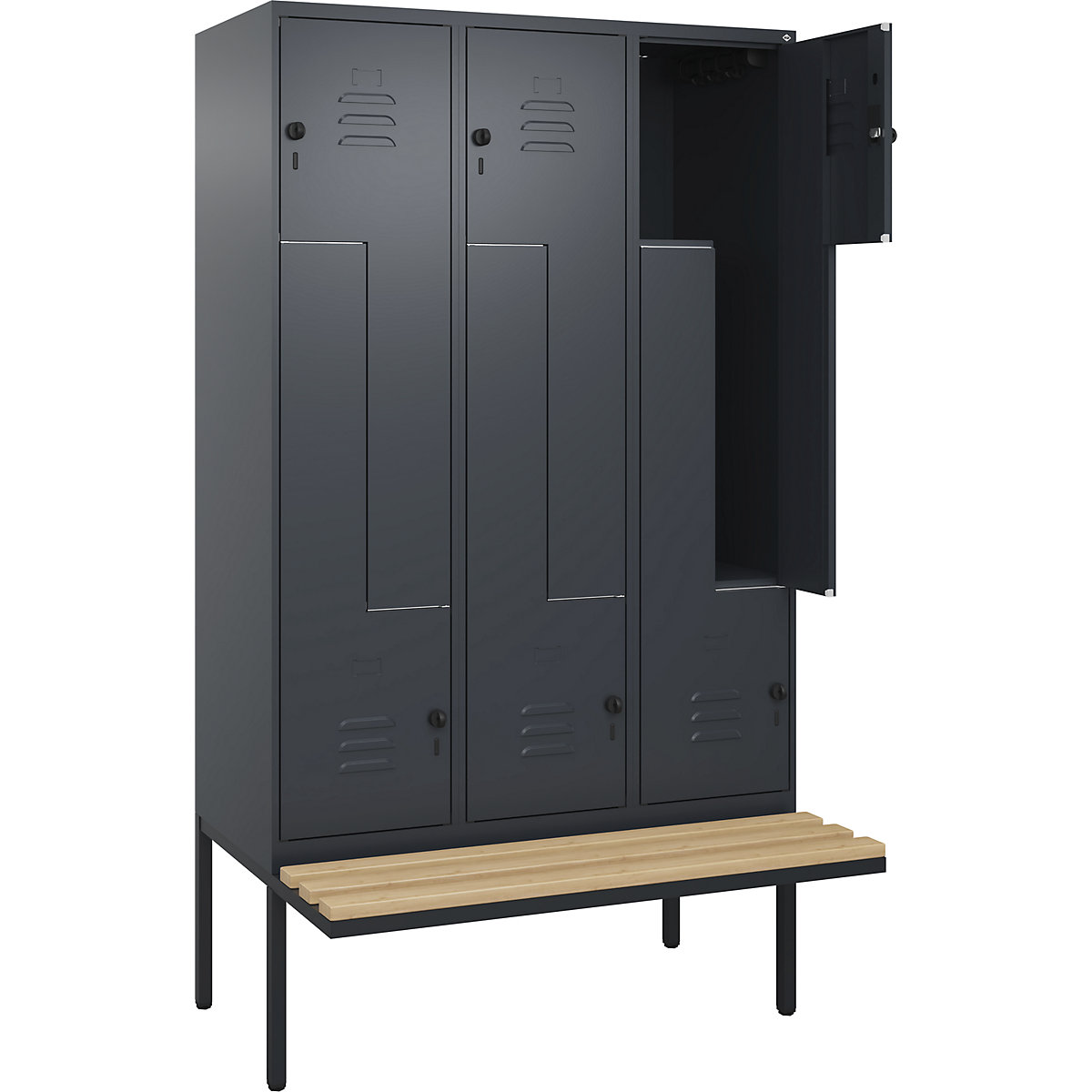 Armadietto a Z Classic PLUS con panca – C+P, 3 scomparti, grigio, largh. 1200 mm, serratura girevole di sicurezza, panca sporgente, legno duro di faggio-0