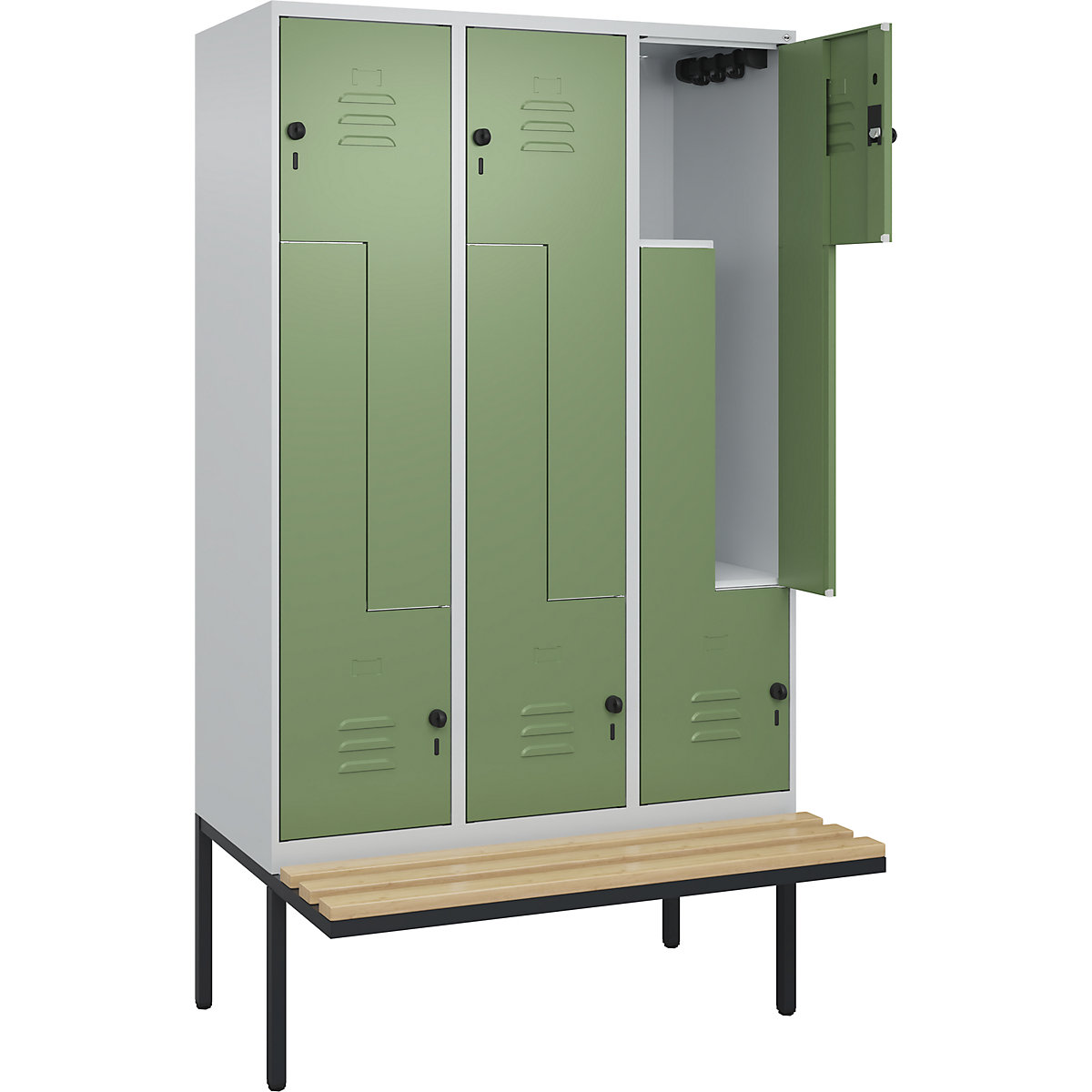 Armadietto a Z Classic PLUS con panca – C+P, 3 scomparti, grigio chiaro / verde reseda, largh. 1200 mm, serratura girevole di sicurezza, panca sporgente, legno duro di faggio-0