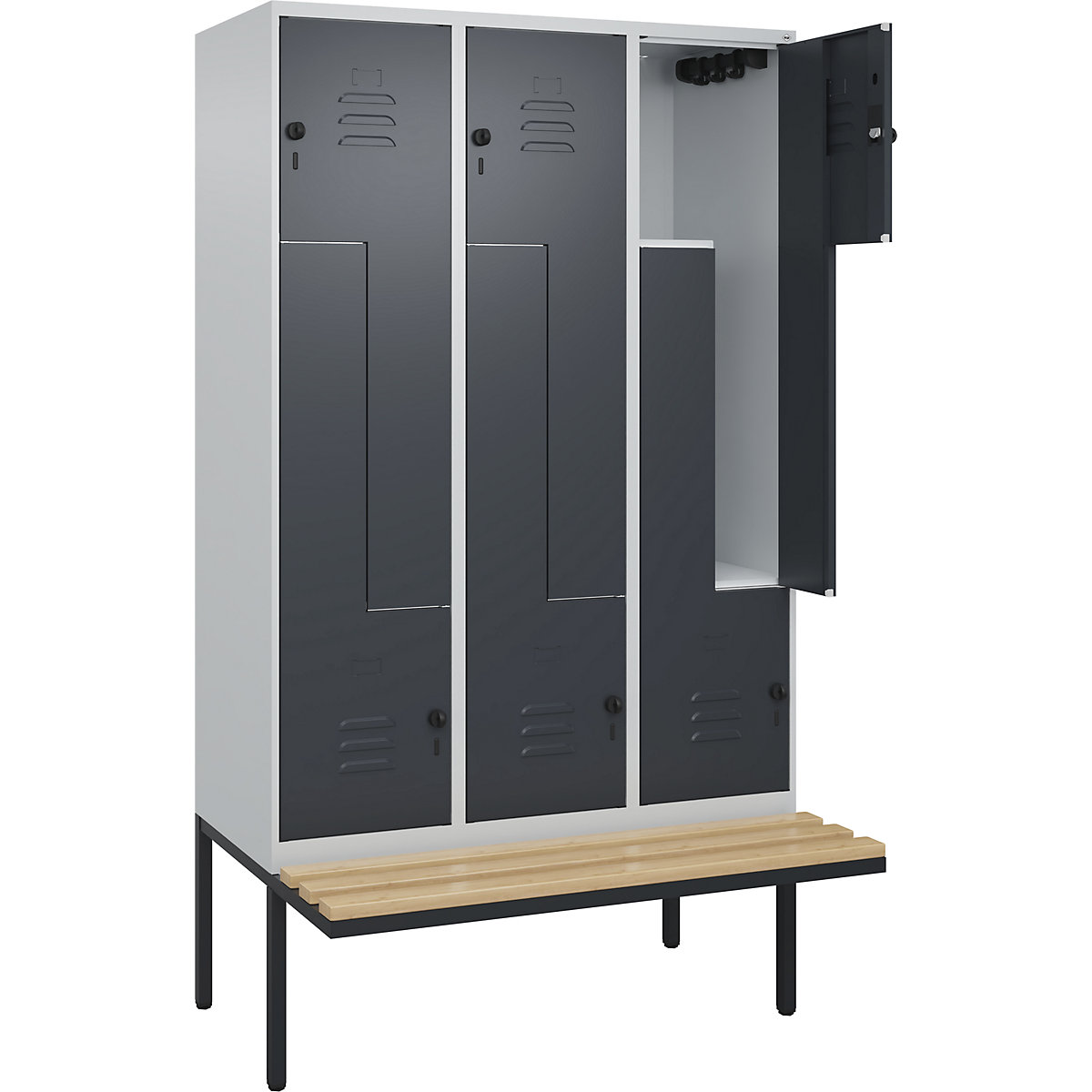 Armadietto a Z Classic PLUS con panca – C+P, 3 scomparti, grigio chiaro / grigio, largh. 1200 mm, serratura girevole di sicurezza, panca sporgente, legno duro di faggio-0