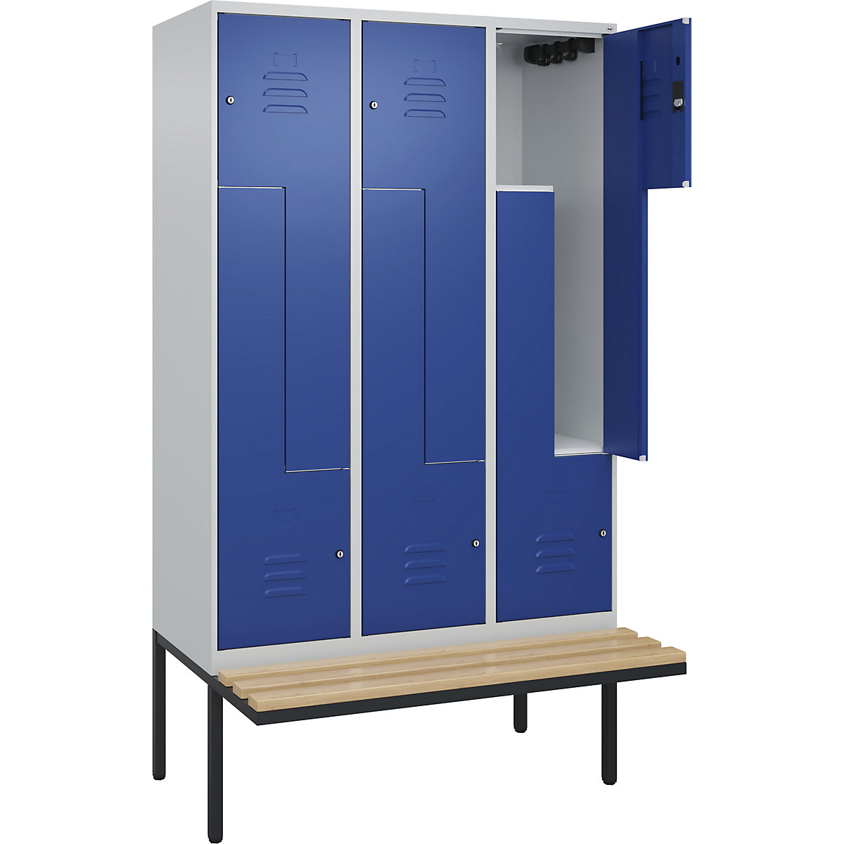 Armadietto a Z Classic PLUS con panca – C+P, 3 scomparti, grigio chiaro / blu genziana, largh. 1200 mm, serratura a cilindro, panca sporgente, legno duro di faggio-0