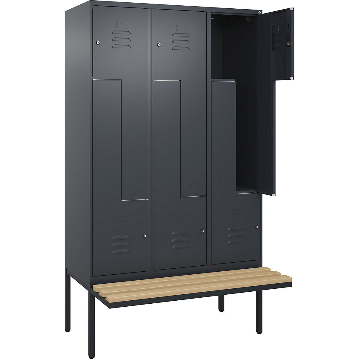 Armadietto a Z Classic PLUS con panca – C+P, 3 scomparti, grigio, largh. 1200 mm, serratura a cilindro, panca sporgente, legno duro di faggio-0