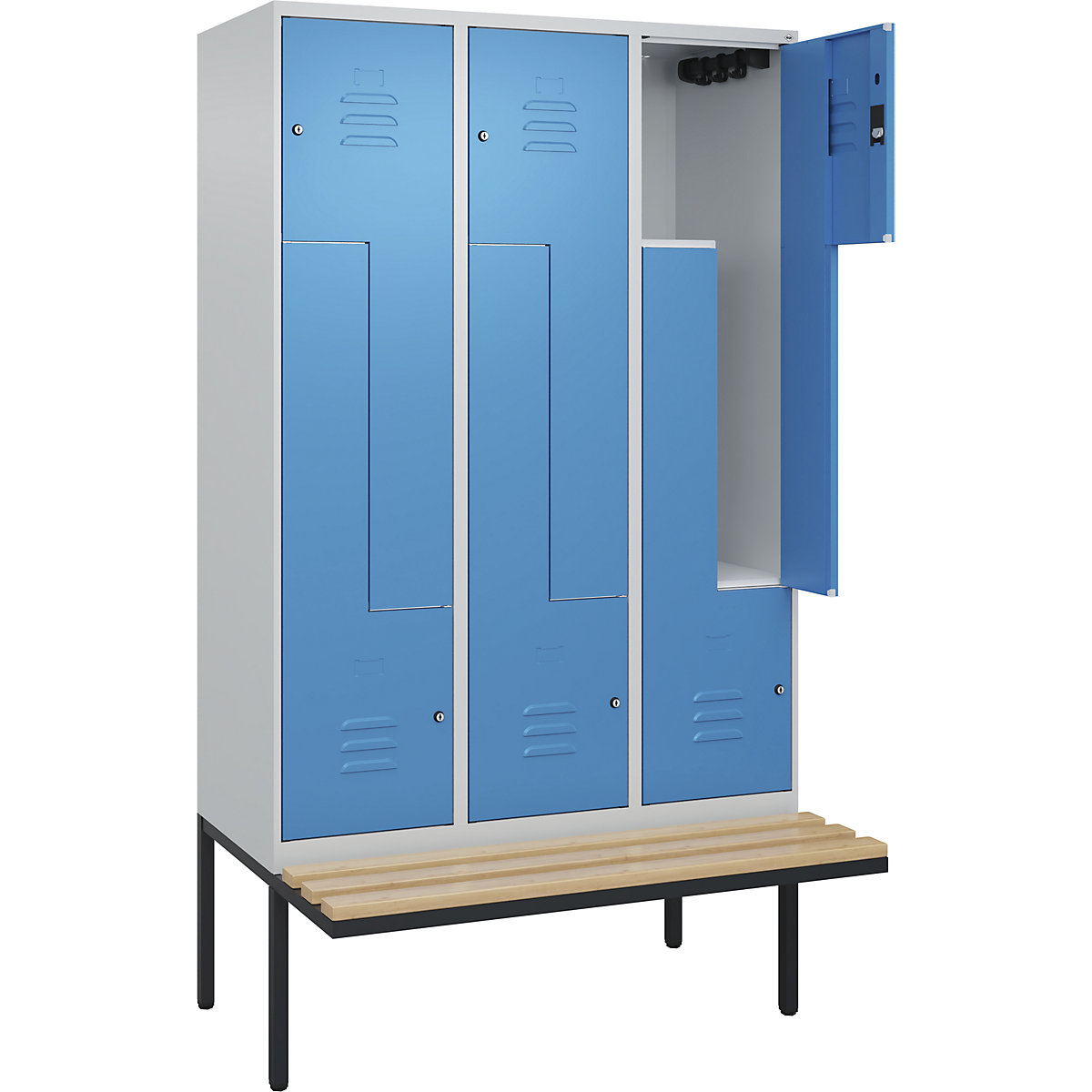 Armadietto a Z Classic PLUS con panca – C+P, 3 scomparti, grigio chiaro / blu chiaro, largh. 1200 mm, serratura a cilindro, panca sporgente, legno duro di faggio-0