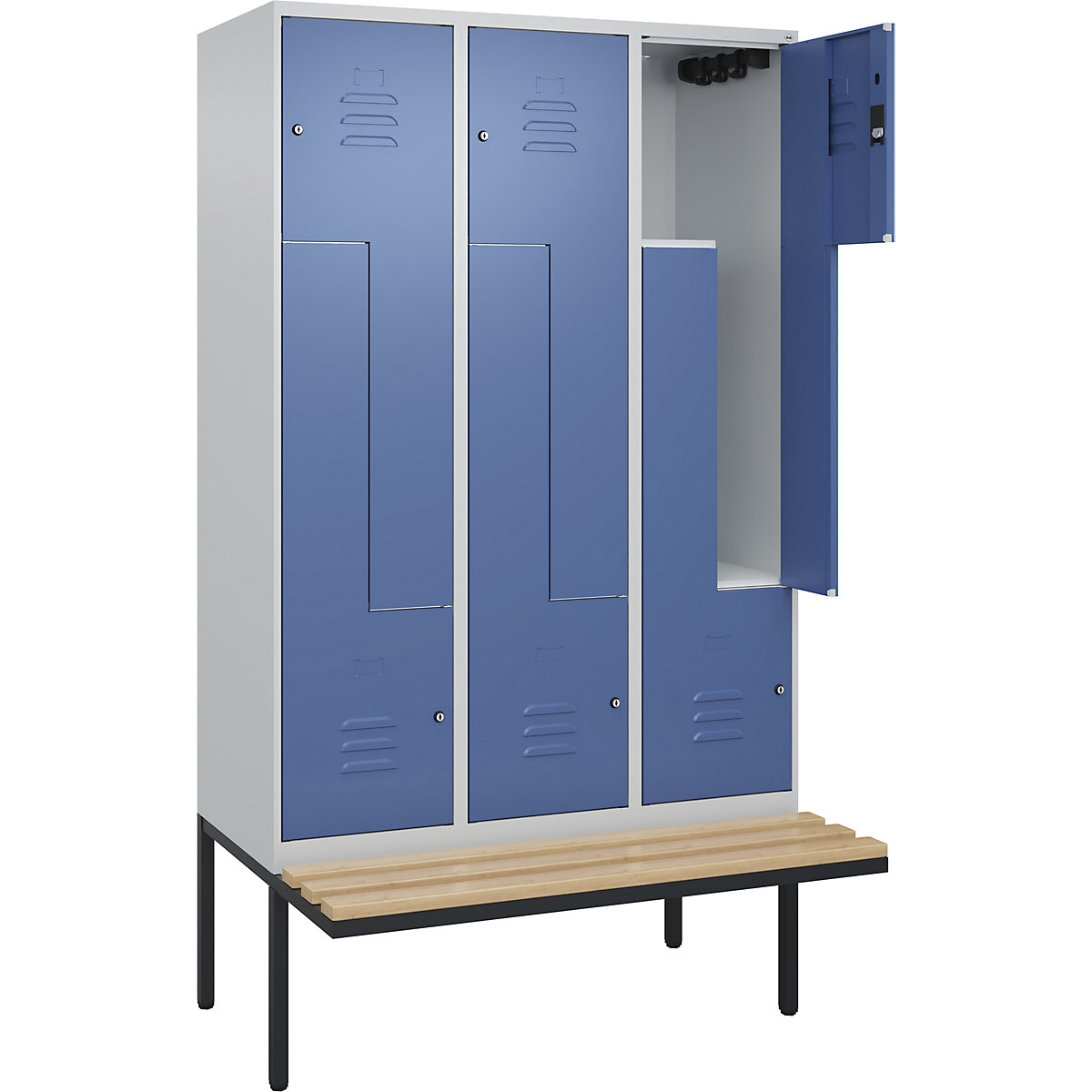 Armadietto a Z Classic PLUS con panca – C+P, 3 scomparti, grigio chiaro / indaco, largh. 1200 mm, serratura a cilindro, panca sporgente, legno duro di faggio-0