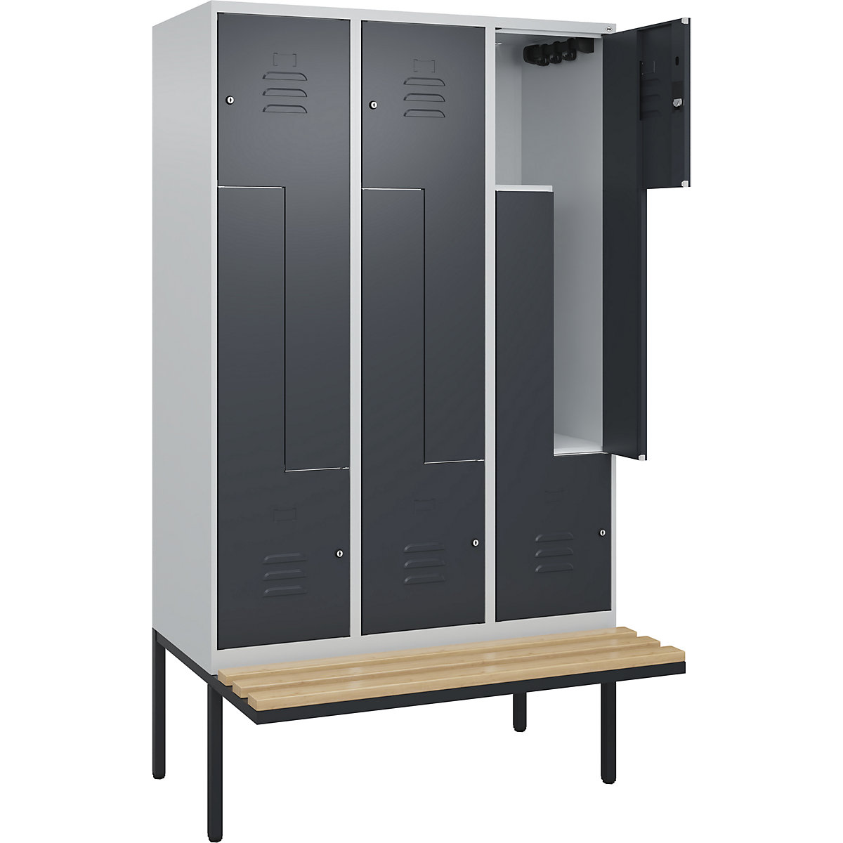 Armadietto a Z Classic PLUS con panca – C+P, 3 scomparti, grigio chiaro / grigio, largh. 1200 mm, serratura a cilindro, panca sporgente, legno duro di faggio-0