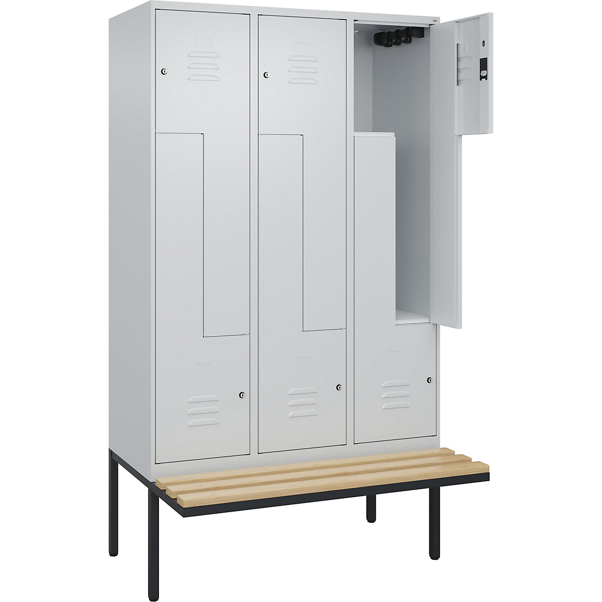Armadietto a Z Classic PLUS con panca – C+P, 3 scomparti, grigio chiaro, largh. 1200 mm, serratura a cilindro, panca sporgente, legno duro di faggio-0