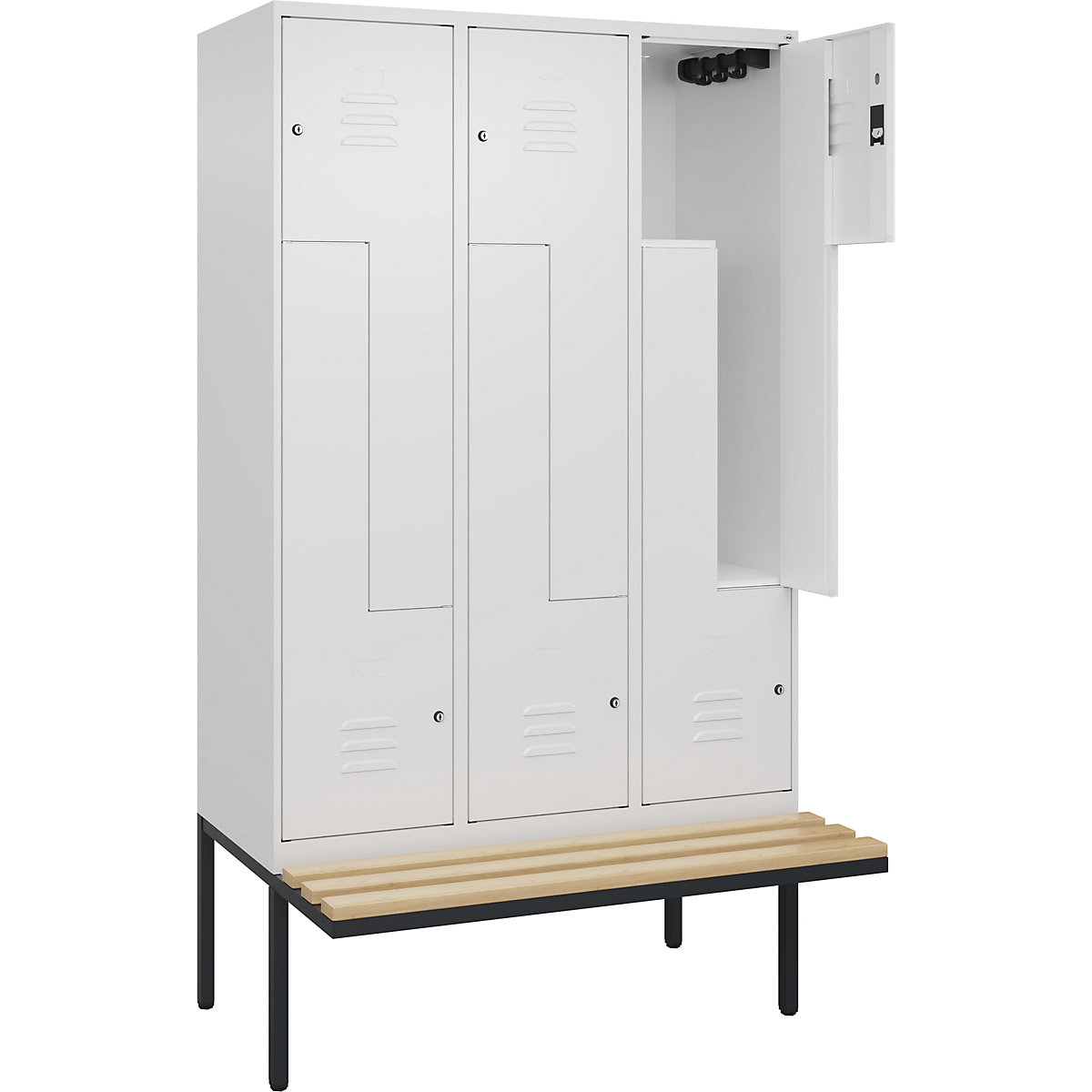 Armadietto a Z Classic PLUS con panca – C+P, 3 scomparti, bianco traffico, largh. 1200 mm, serratura a cilindro, panca sporgente, legno duro di faggio-0