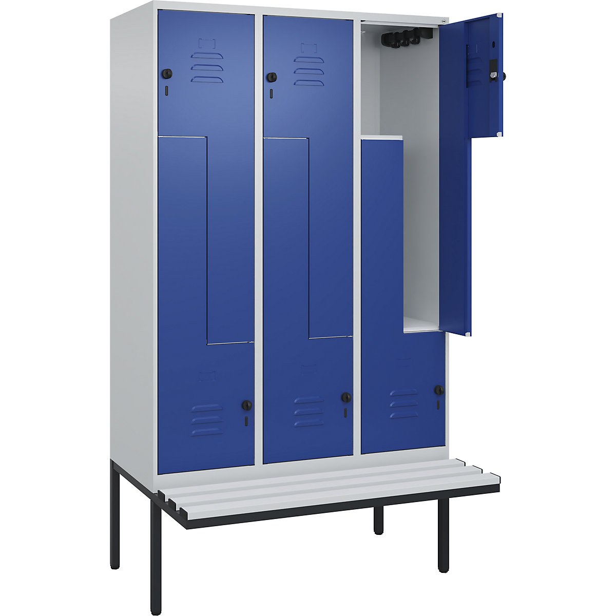 Armadietto a Z Classic PLUS con panca – C+P, 3 scomparti, grigio chiaro / blu genziana, largh. 1200 mm, serratura girevole di sicurezza, panca sporgente, plastica-0
