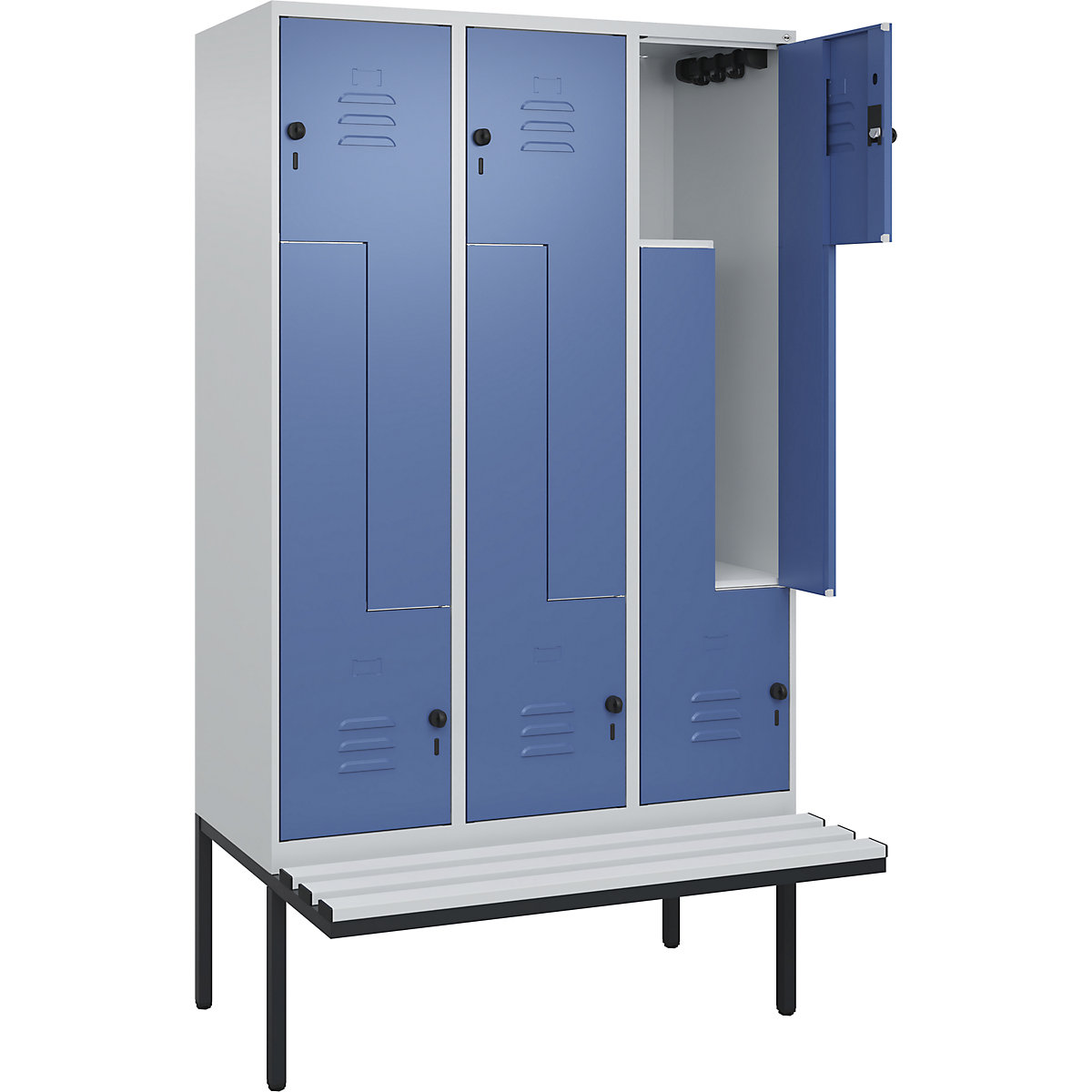 Armadietto a Z Classic PLUS con panca – C+P, 3 scomparti, grigio chiaro / indaco, largh. 1200 mm, serratura girevole di sicurezza, panca sporgente, plastica-0