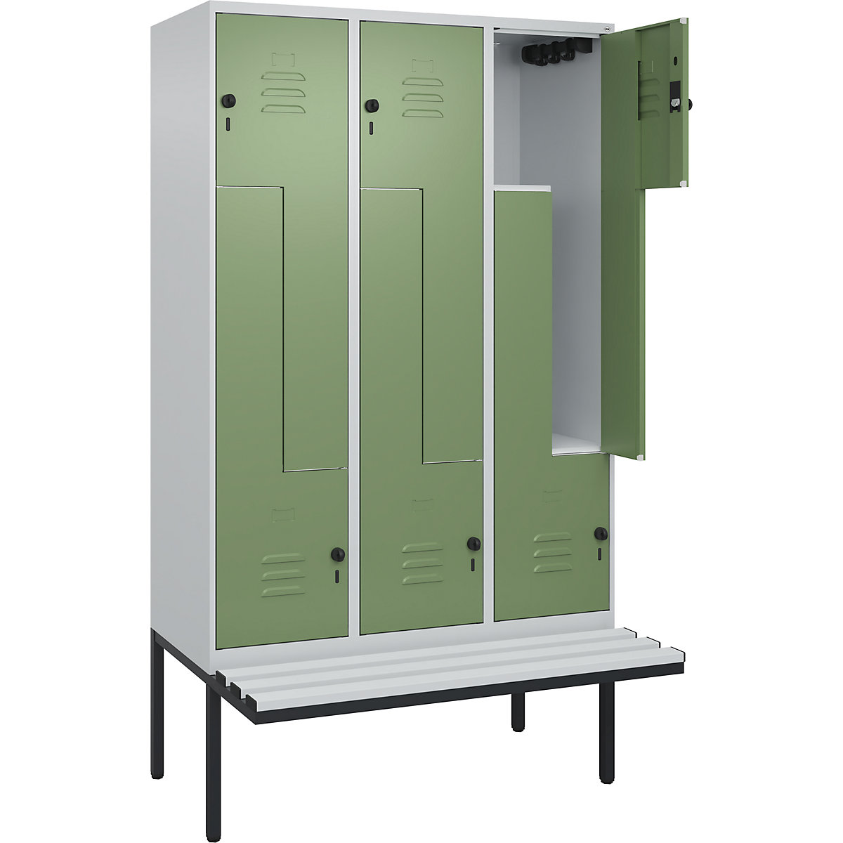 Armadietto a Z Classic PLUS con panca – C+P, 3 scomparti, grigio chiaro / verde reseda, largh. 1200 mm, serratura girevole di sicurezza, panca sporgente, plastica-0