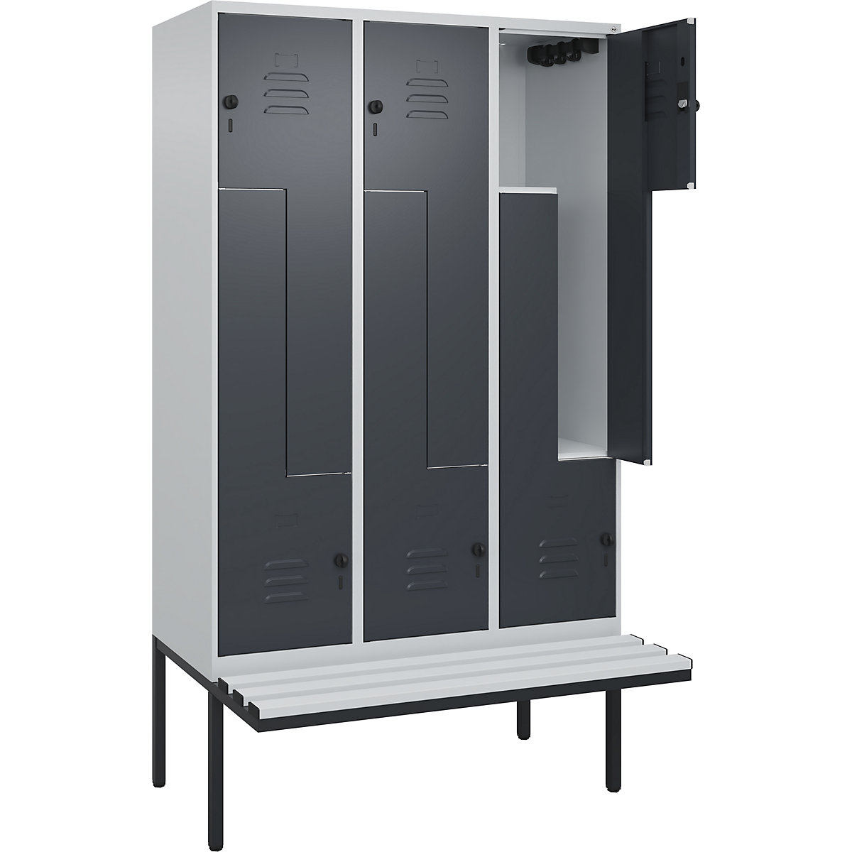 Armadietto a Z Classic PLUS con panca – C+P, 3 scomparti, grigio chiaro / grigio, largh. 1200 mm, serratura girevole di sicurezza, panca sporgente, plastica-0