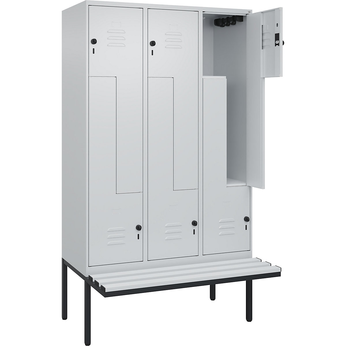Armadietto a Z Classic PLUS con panca – C+P, 3 scomparti, grigio chiaro, largh. 1200 mm, serratura girevole di sicurezza, panca sporgente, plastica-0