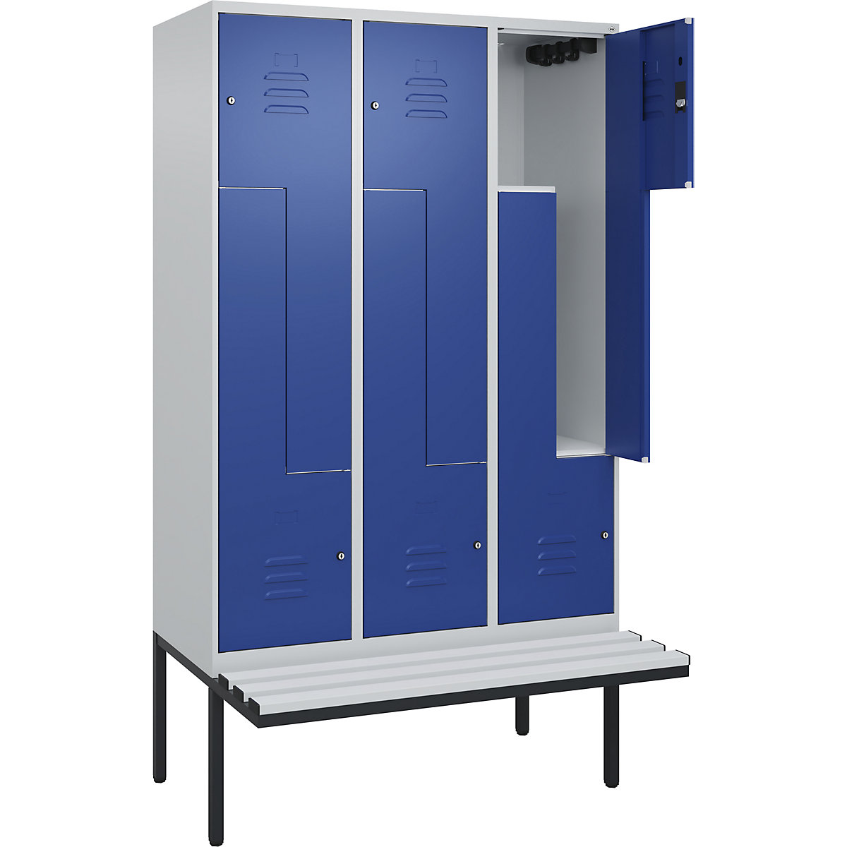 Armadietto a Z Classic PLUS con panca – C+P, 3 scomparti, grigio chiaro / blu genziana, largh. 1200 mm, serratura a cilindro, panca sporgente, plastica-0