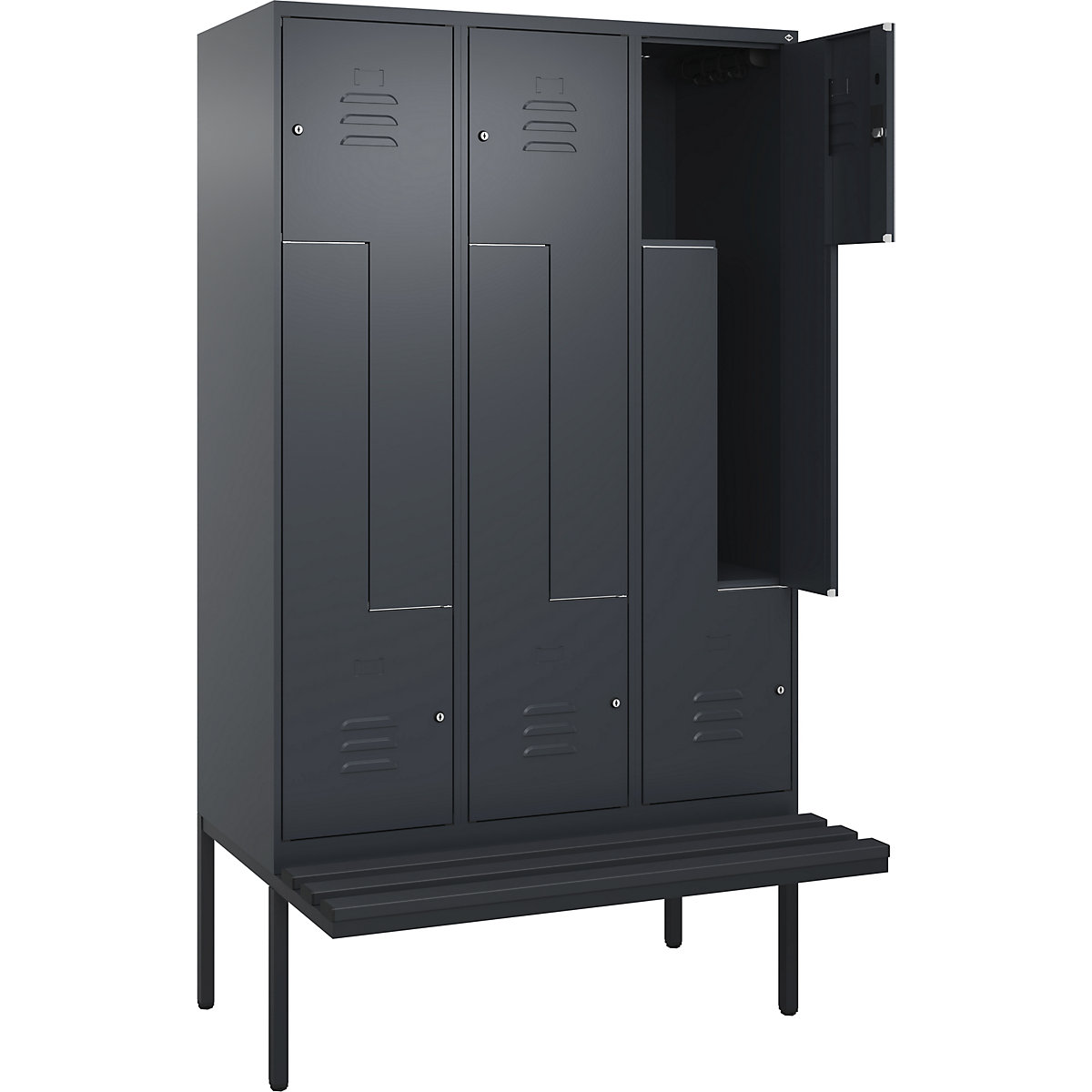 Armadietto a Z Classic PLUS con panca – C+P, 3 scomparti, grigio, largh. 1200 mm, serratura a cilindro, panca sporgente, plastica-0