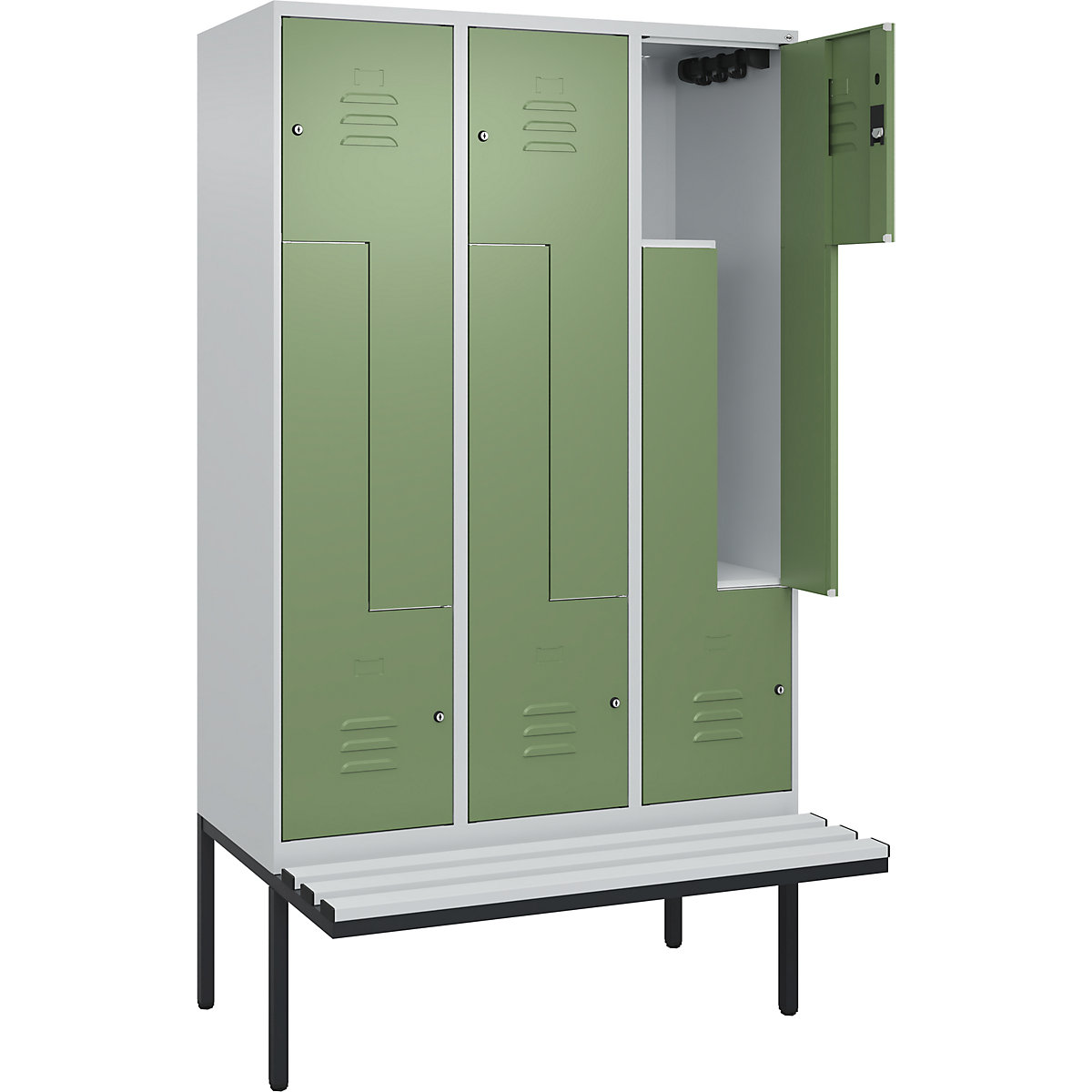 Armadietto a Z Classic PLUS con panca – C+P, 3 scomparti, grigio chiaro / verde reseda, largh. 1200 mm, serratura a cilindro, panca sporgente, plastica-0