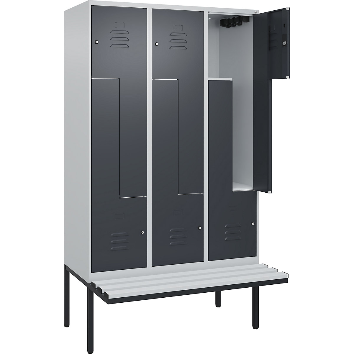 Armadietto a Z Classic PLUS con panca – C+P, 3 scomparti, grigio chiaro / grigio, largh. 1200 mm, serratura a cilindro, panca sporgente, plastica-0