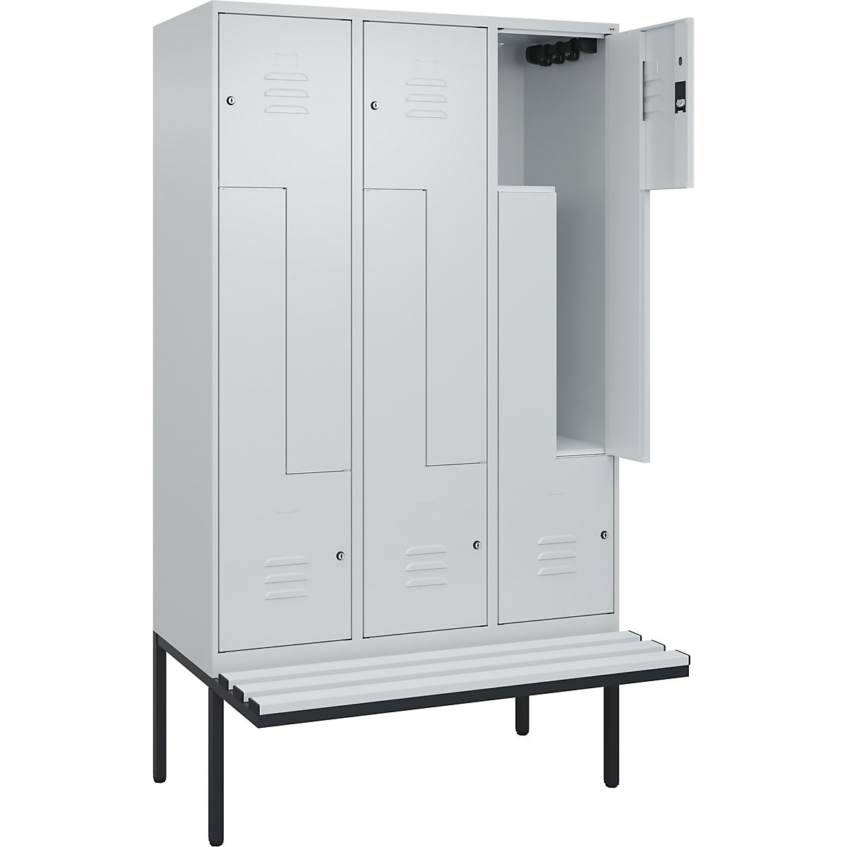 Armadietto a Z Classic PLUS con panca – C+P, 3 scomparti, grigio chiaro, largh. 1200 mm, serratura a cilindro, panca sporgente, plastica-0