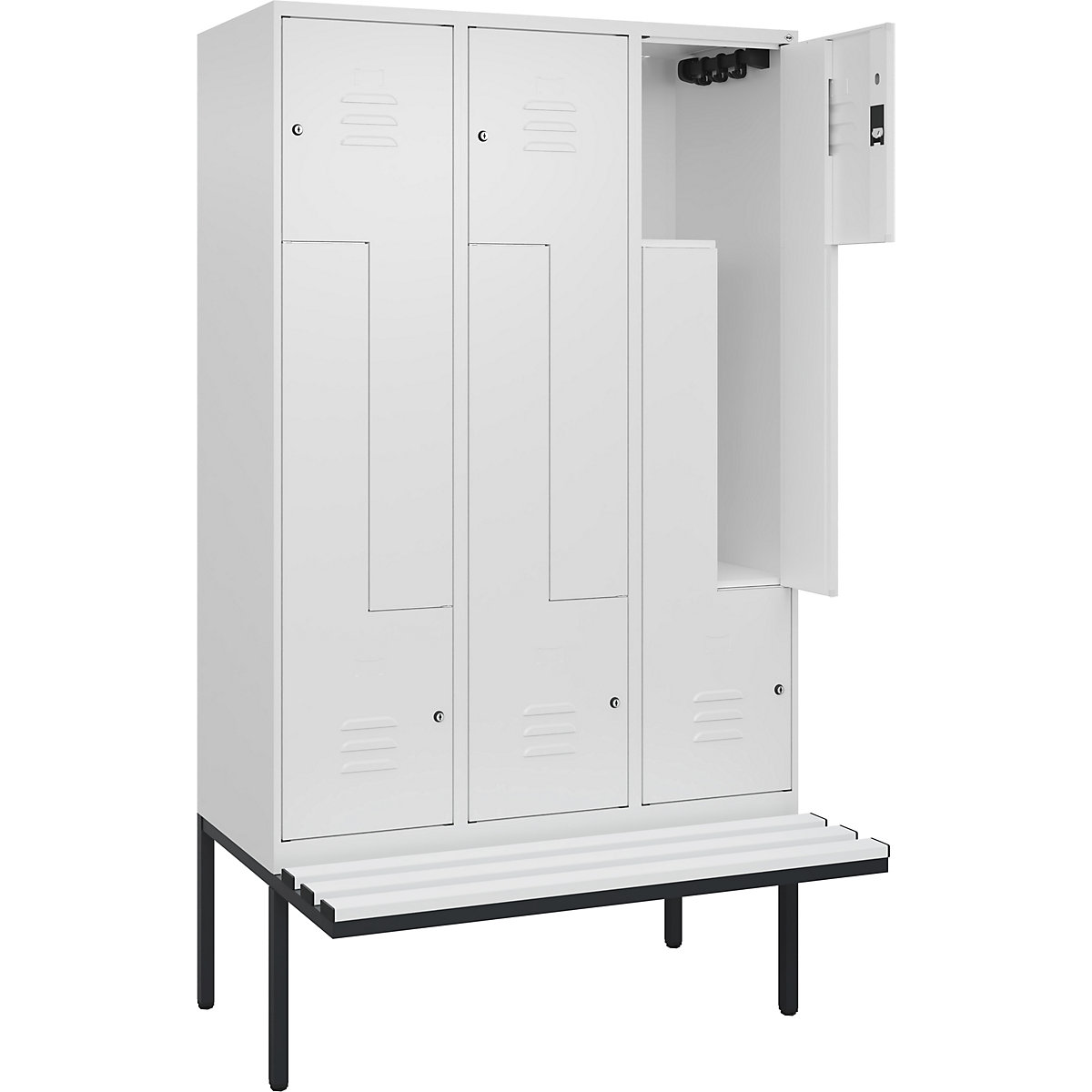 Armadietto a Z Classic PLUS con panca – C+P, 3 scomparti, bianco traffico, largh. 1200 mm, serratura a cilindro, panca sporgente, plastica-0