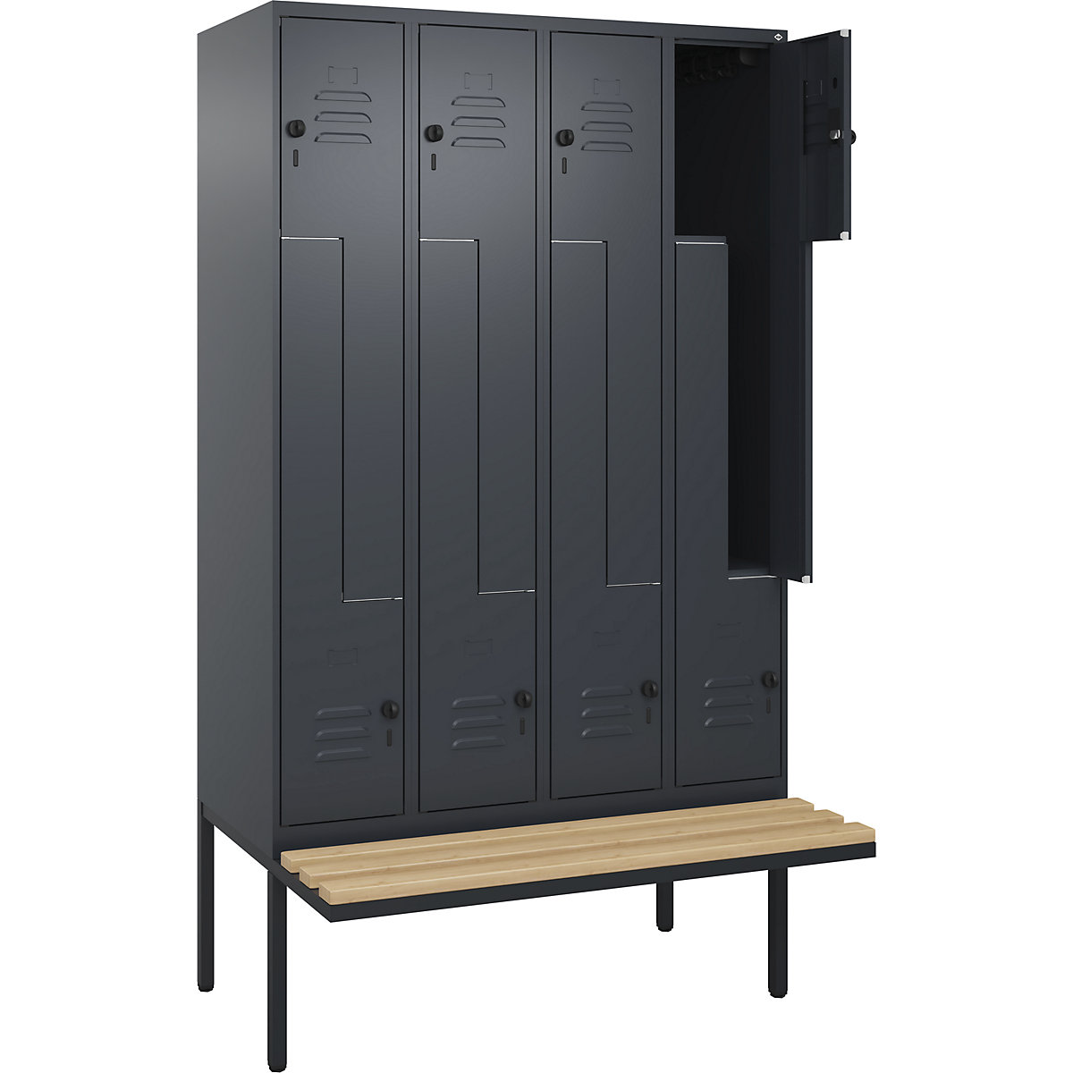 Armadietto a Z Classic PLUS con panca – C+P, 4 scomparti, grigio, largh. 1200 mm, serratura girevole di sicurezza, panca sporgente, legno duro di faggio-0