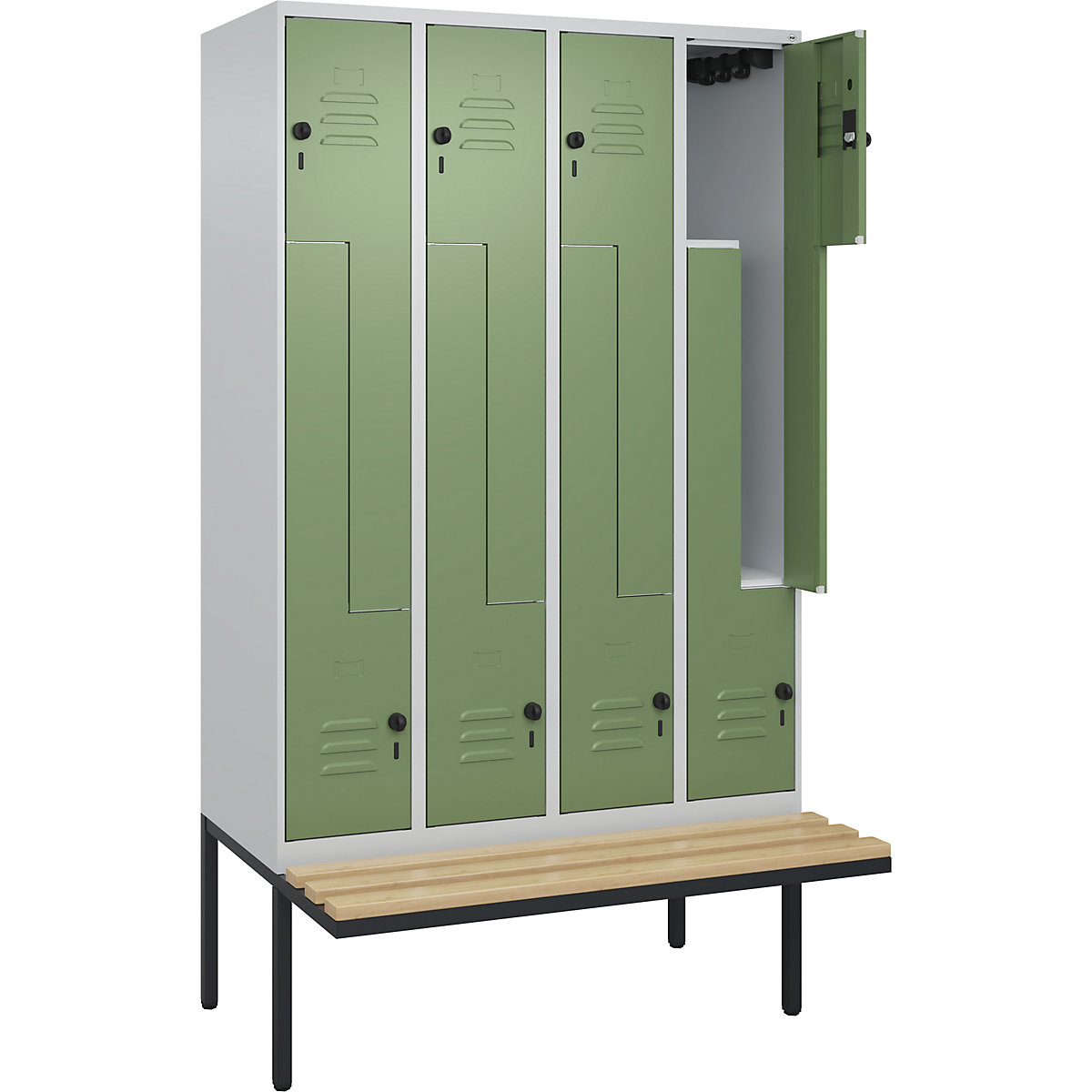 Armadietto a Z Classic PLUS con panca – C+P, 4 scomparti, grigio chiaro / verde reseda, largh. 1200 mm, serratura girevole di sicurezza, panca sporgente, legno duro di faggio-0