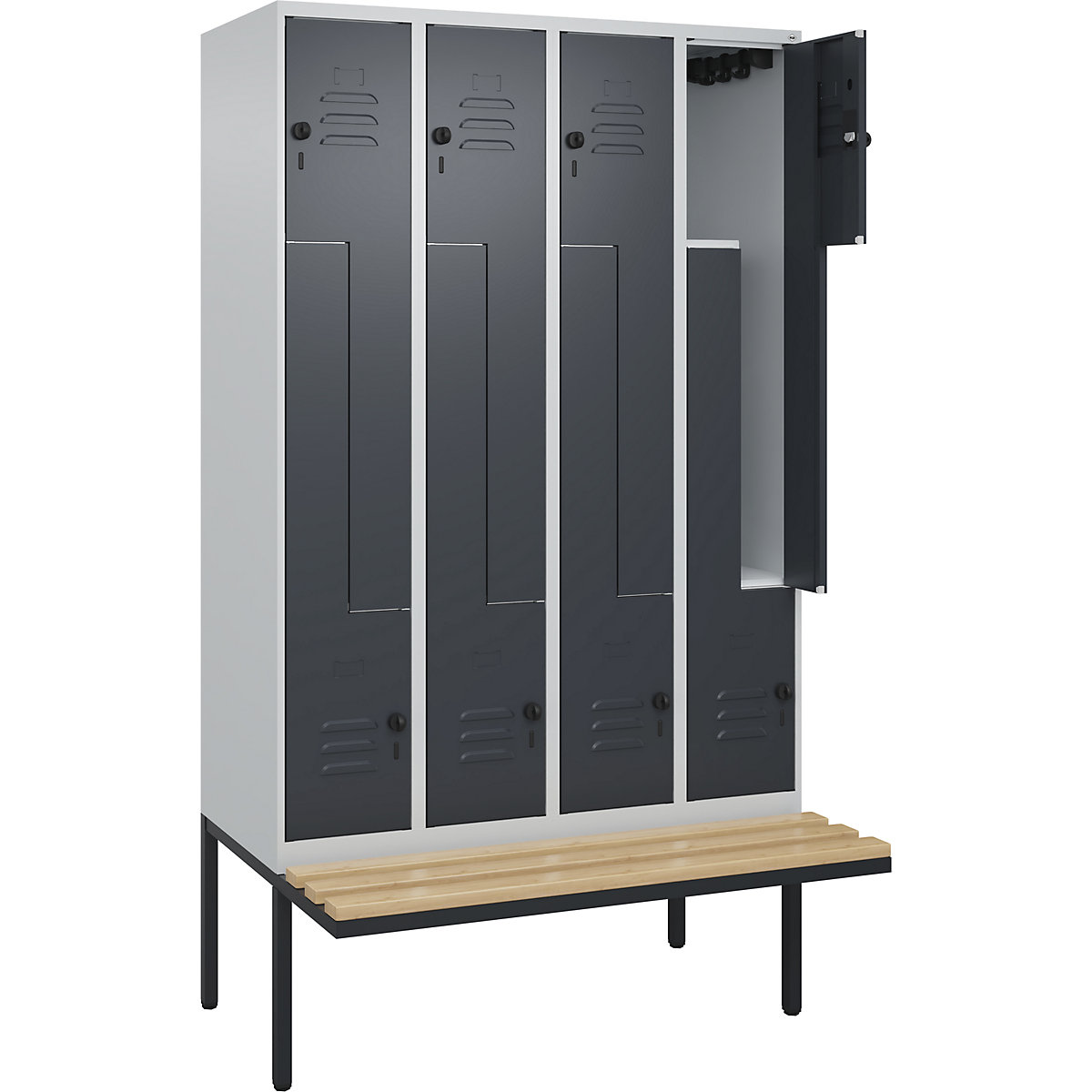 Armadietto a Z Classic PLUS con panca – C+P, 4 scomparti, grigio chiaro / grigio, largh. 1200 mm, serratura girevole di sicurezza, panca sporgente, legno duro di faggio-0