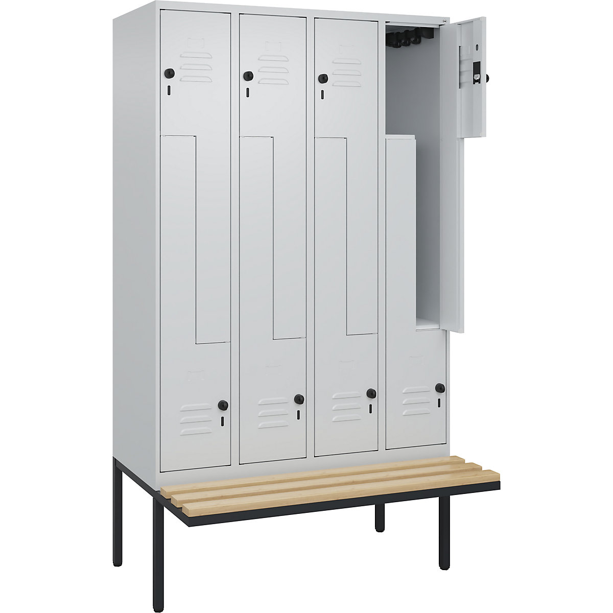 Armadietto a Z Classic PLUS con panca – C+P, 4 scomparti, grigio chiaro, largh. 1200 mm, serratura girevole di sicurezza, panca sporgente, legno duro di faggio-0