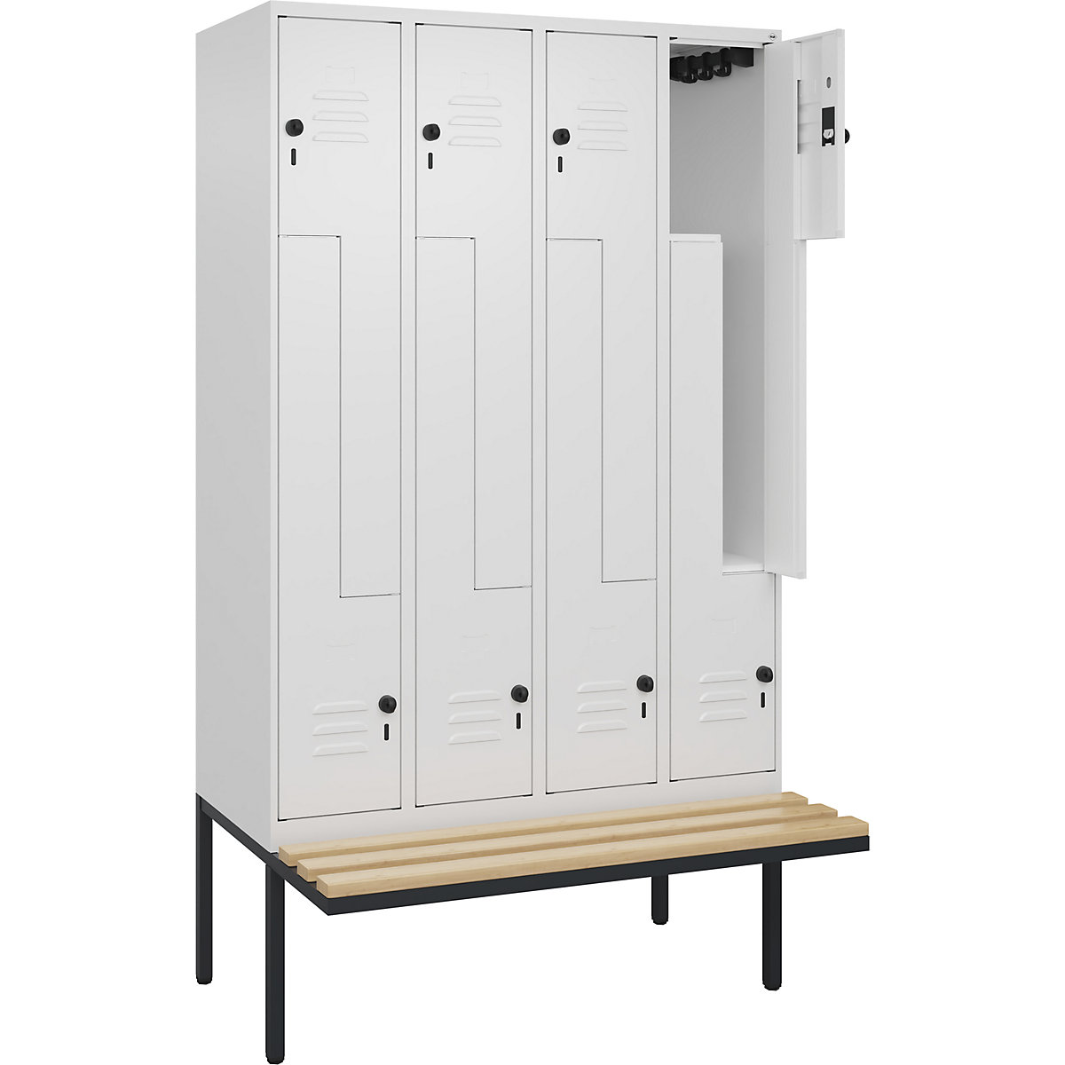 Armadietto a Z Classic PLUS con panca – C+P, 4 scomparti, bianco traffico, largh. 1200 mm, serratura girevole di sicurezza, panca sporgente, legno duro di faggio-0