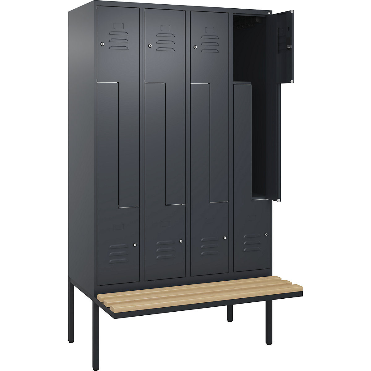 Armadietto a Z Classic PLUS con panca – C+P, 4 scomparti, grigio, largh. 1200 mm, serratura a cilindro, panca sporgente, legno duro di faggio-0