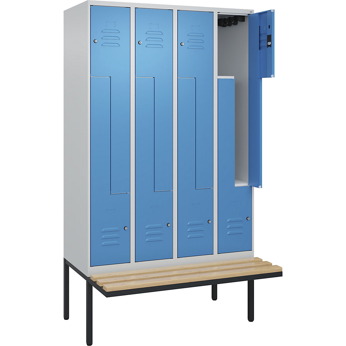 Armadietto a Z Classic PLUS con panca – C+P, 4 scomparti, grigio chiaro / blu chiaro, largh. 1200 mm, serratura a cilindro, panca sporgente, legno duro di faggio-0