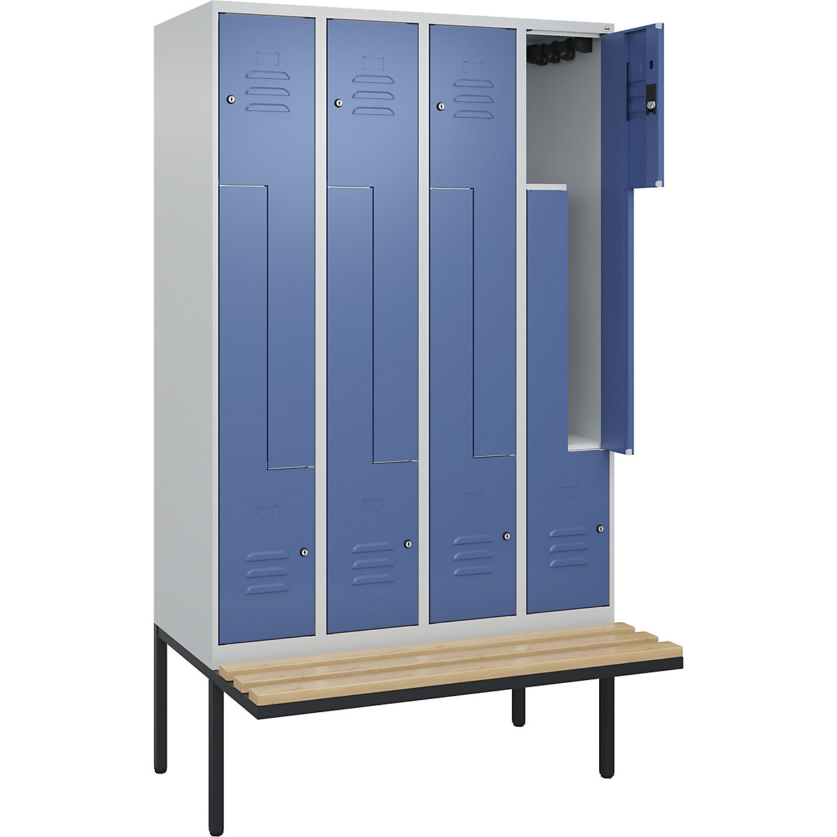 Armadietto a Z Classic PLUS con panca – C+P, 4 scomparti, grigio chiaro / indaco, largh. 1200 mm, serratura a cilindro, panca sporgente, legno duro di faggio-0