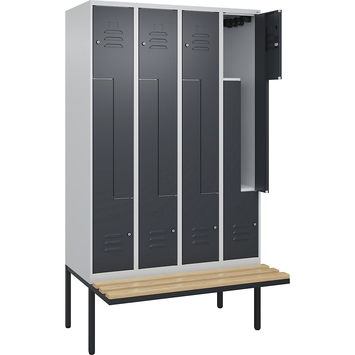 Armadietto a Z Classic PLUS con panca – C+P, 4 scomparti, grigio chiaro / grigio, largh. 1200 mm, serratura a cilindro, panca sporgente, legno duro di faggio-0