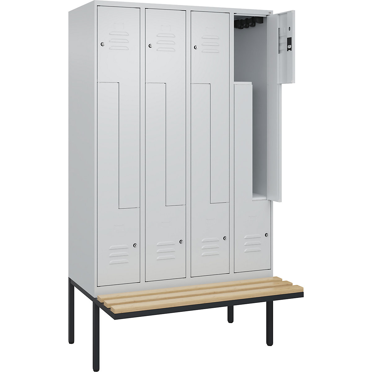 Armadietto a Z Classic PLUS con panca – C+P, 4 scomparti, grigio chiaro, largh. 1200 mm, serratura a cilindro, panca sporgente, legno duro di faggio-0