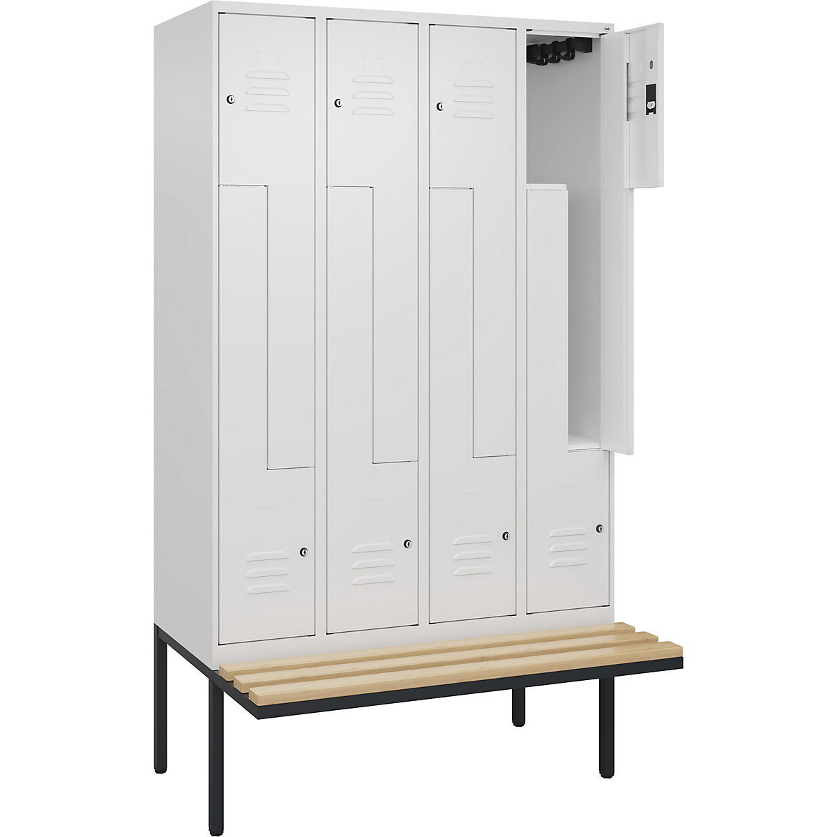 Armadietto a Z Classic PLUS con panca – C+P, 4 scomparti, bianco traffico, largh. 1200 mm, serratura a cilindro, panca sporgente, legno duro di faggio-0