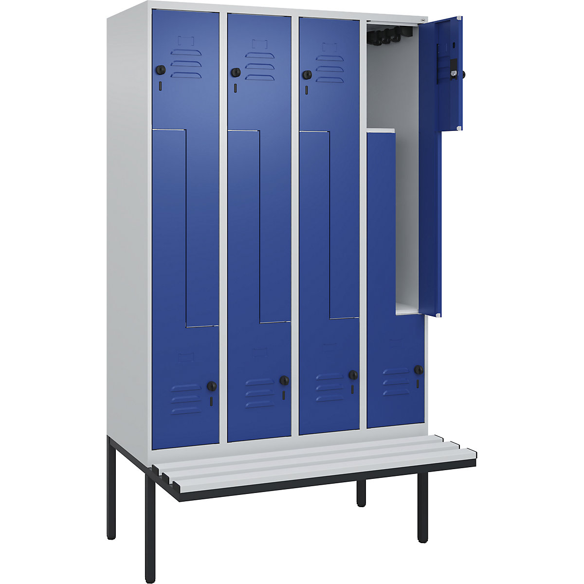 Armadietto a Z Classic PLUS con panca – C+P, 4 scomparti, grigio chiaro / blu genziana, largh. 1200 mm, serratura girevole di sicurezza, panca sporgente, plastica-0