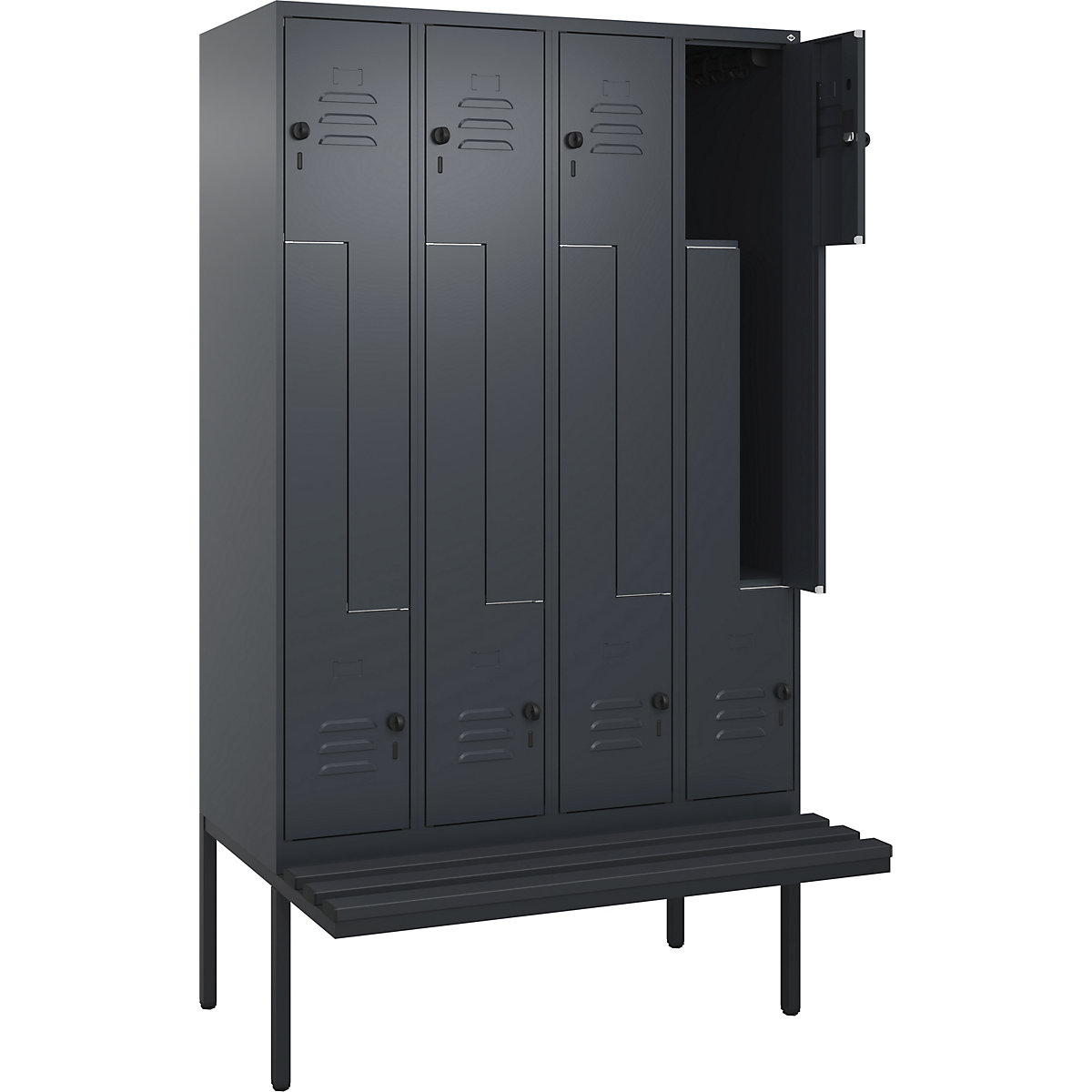 Armadietto a Z Classic PLUS con panca – C+P, 4 scomparti, grigio, largh. 1200 mm, serratura girevole di sicurezza, panca sporgente, plastica-0