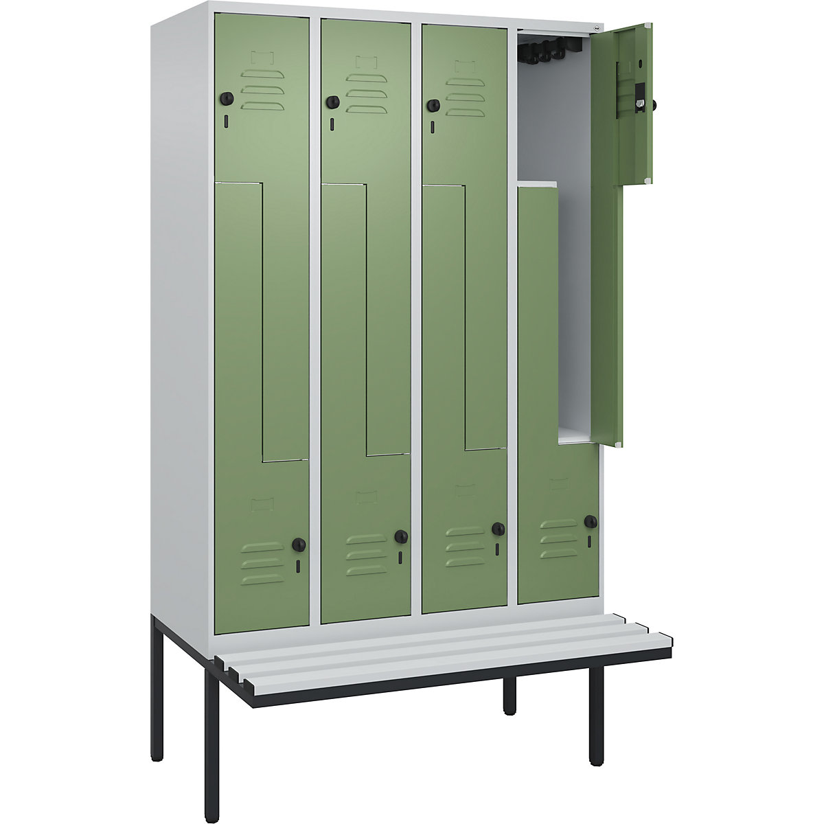 Armadietto a Z Classic PLUS con panca – C+P, 4 scomparti, grigio chiaro / verde reseda, largh. 1200 mm, serratura girevole di sicurezza, panca sporgente, plastica-0