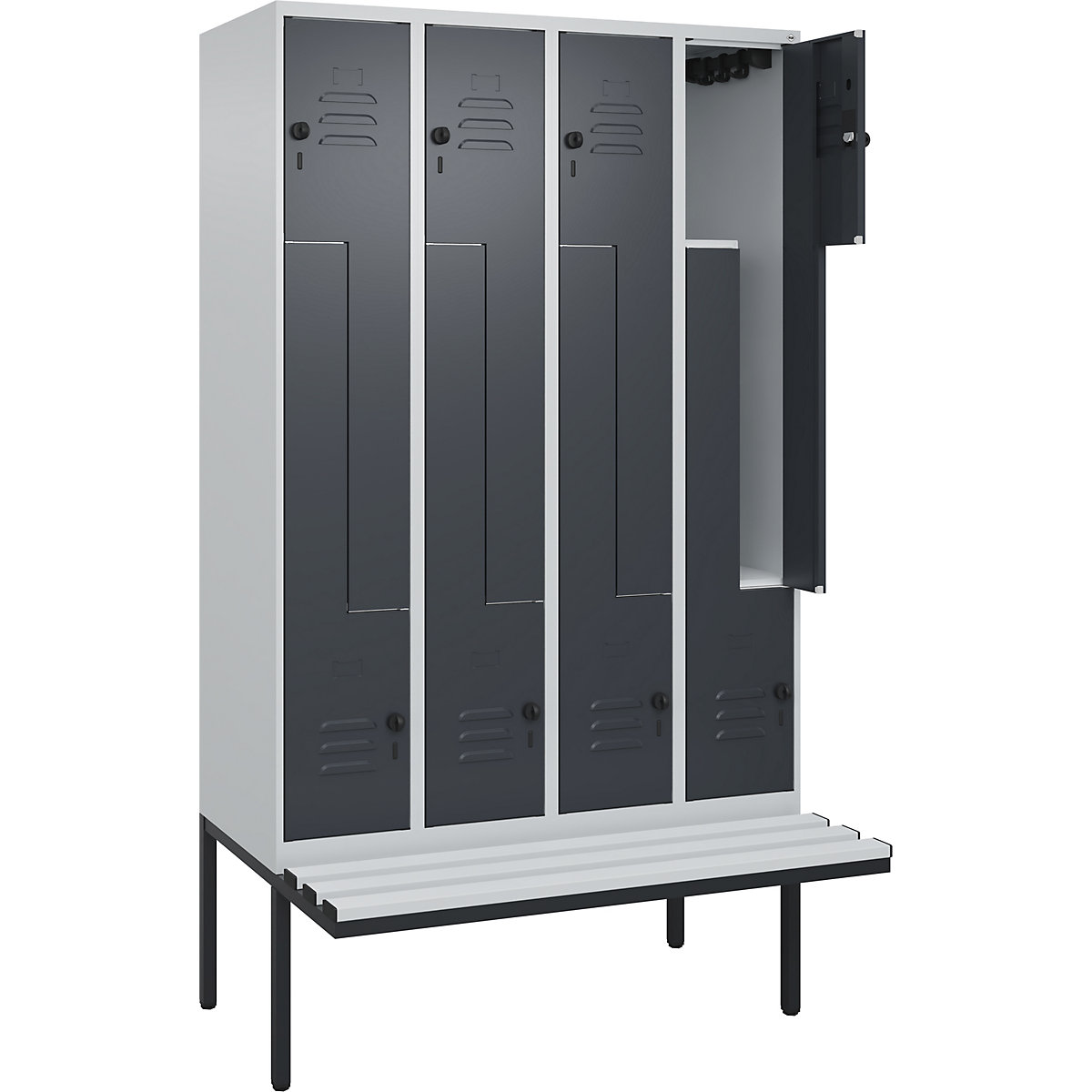 Armadietto a Z Classic PLUS con panca – C+P, 4 scomparti, grigio chiaro / grigio, largh. 1200 mm, serratura girevole di sicurezza, panca sporgente, plastica-0