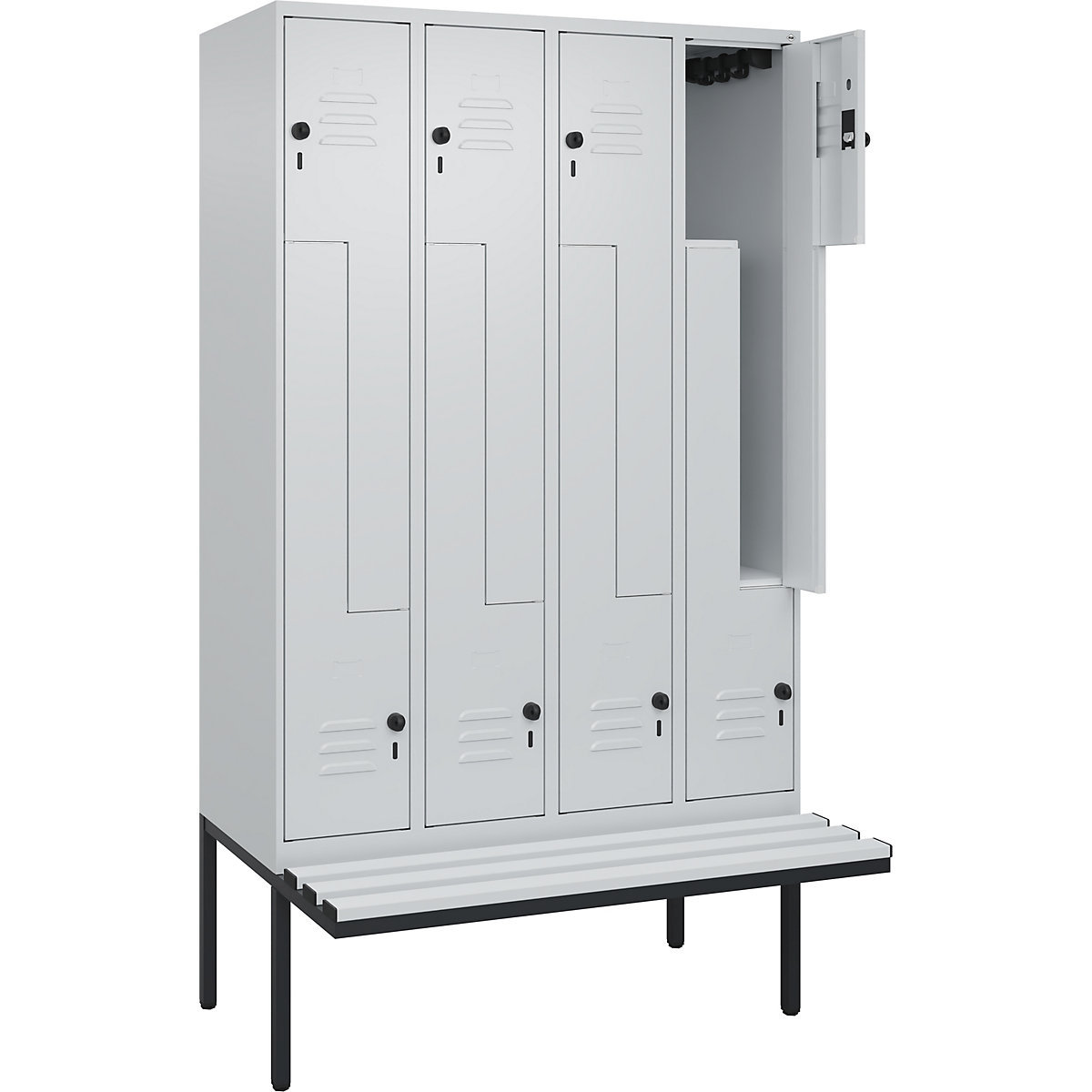 Armadietto a Z Classic PLUS con panca – C+P, 4 scomparti, grigio chiaro, largh. 1200 mm, serratura girevole di sicurezza, panca sporgente, plastica-0