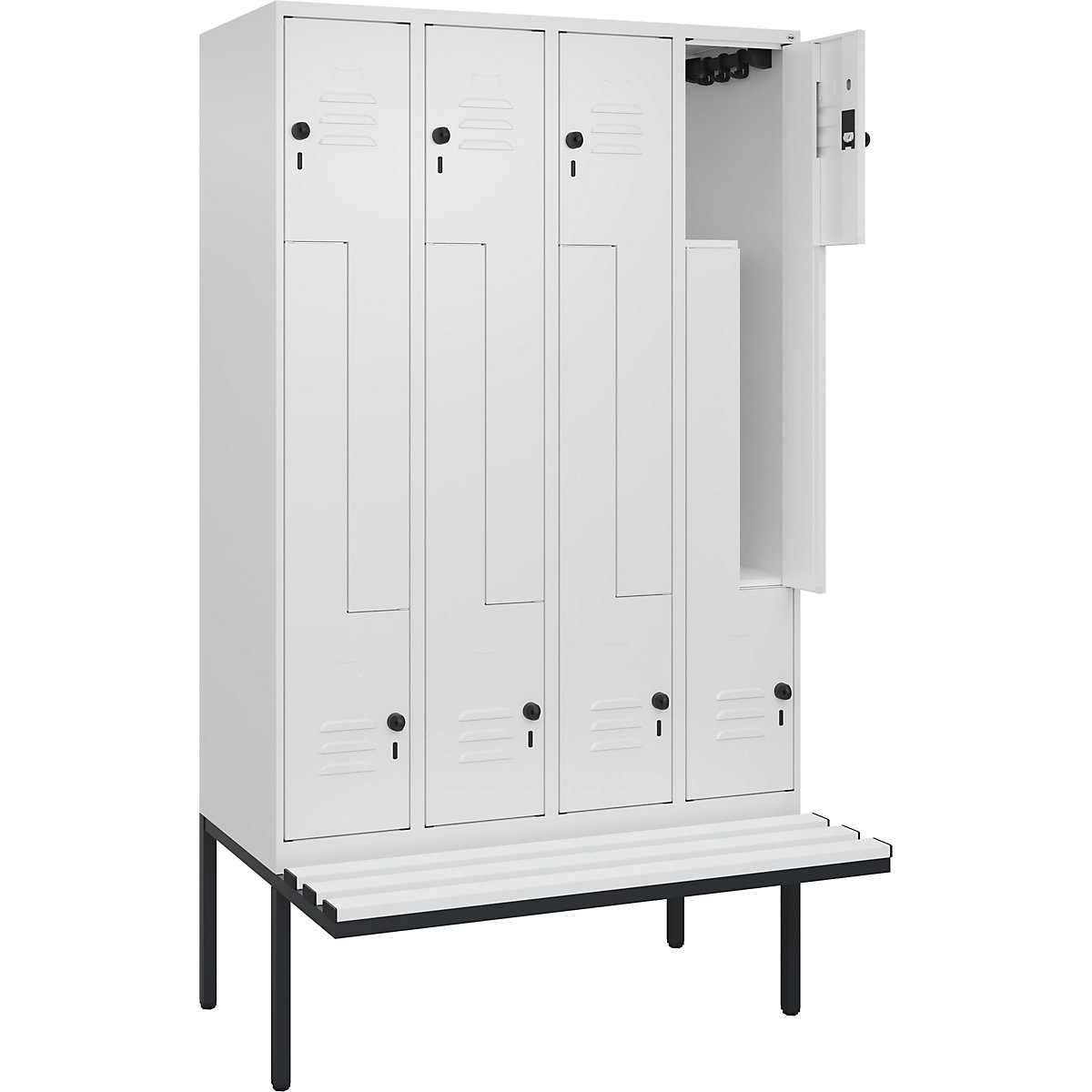 Armadietto a Z Classic PLUS con panca – C+P, 4 scomparti, bianco traffico, largh. 1200 mm, serratura girevole di sicurezza, panca sporgente, plastica-0
