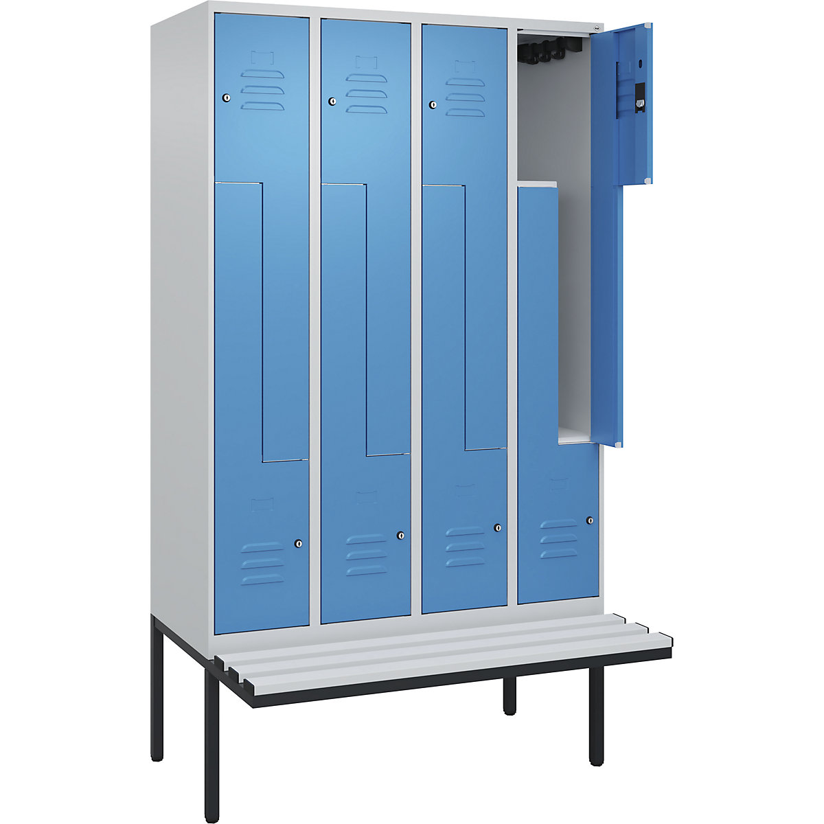 Armadietto a Z Classic PLUS con panca – C+P, 4 scomparti, grigio chiaro / blu chiaro, largh. 1200 mm, serratura a cilindro, panca sporgente, plastica-0