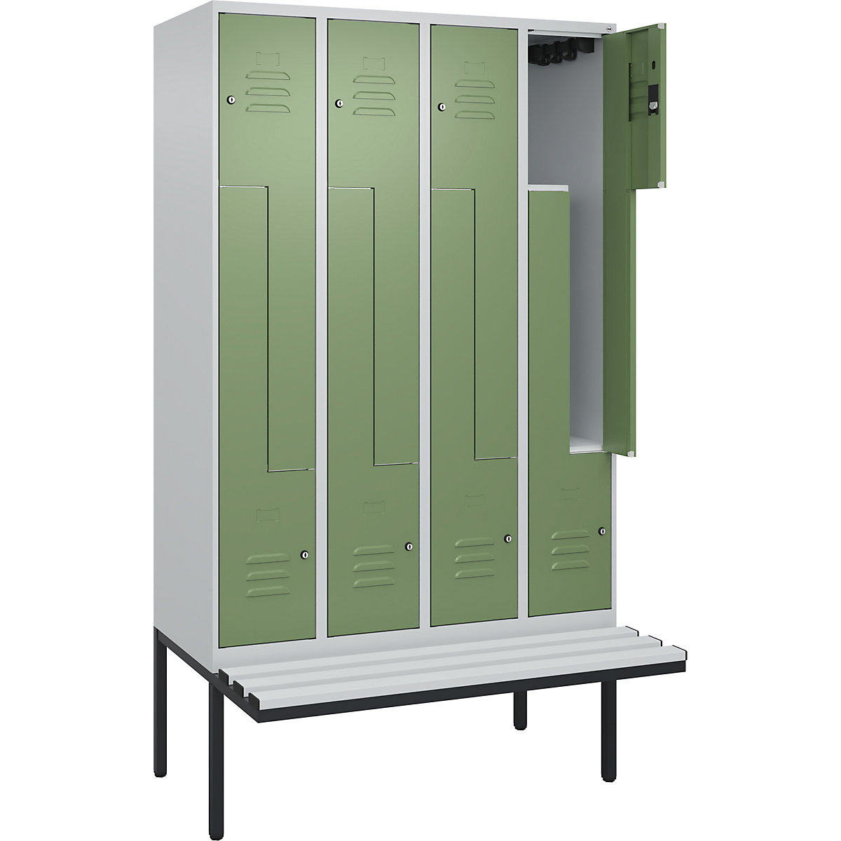 Armadietto a Z Classic PLUS con panca – C+P, 4 scomparti, grigio chiaro / verde reseda, largh. 1200 mm, serratura a cilindro, panca sporgente, plastica-0